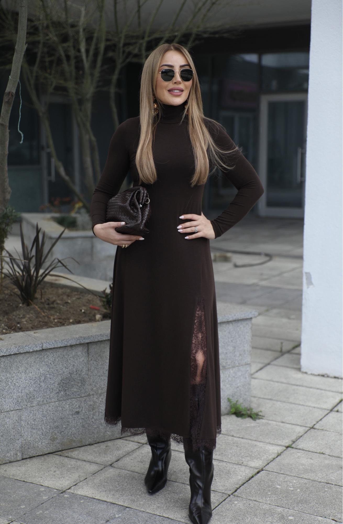 Kahve Güpür Detaylı Balıkçı Elbise 