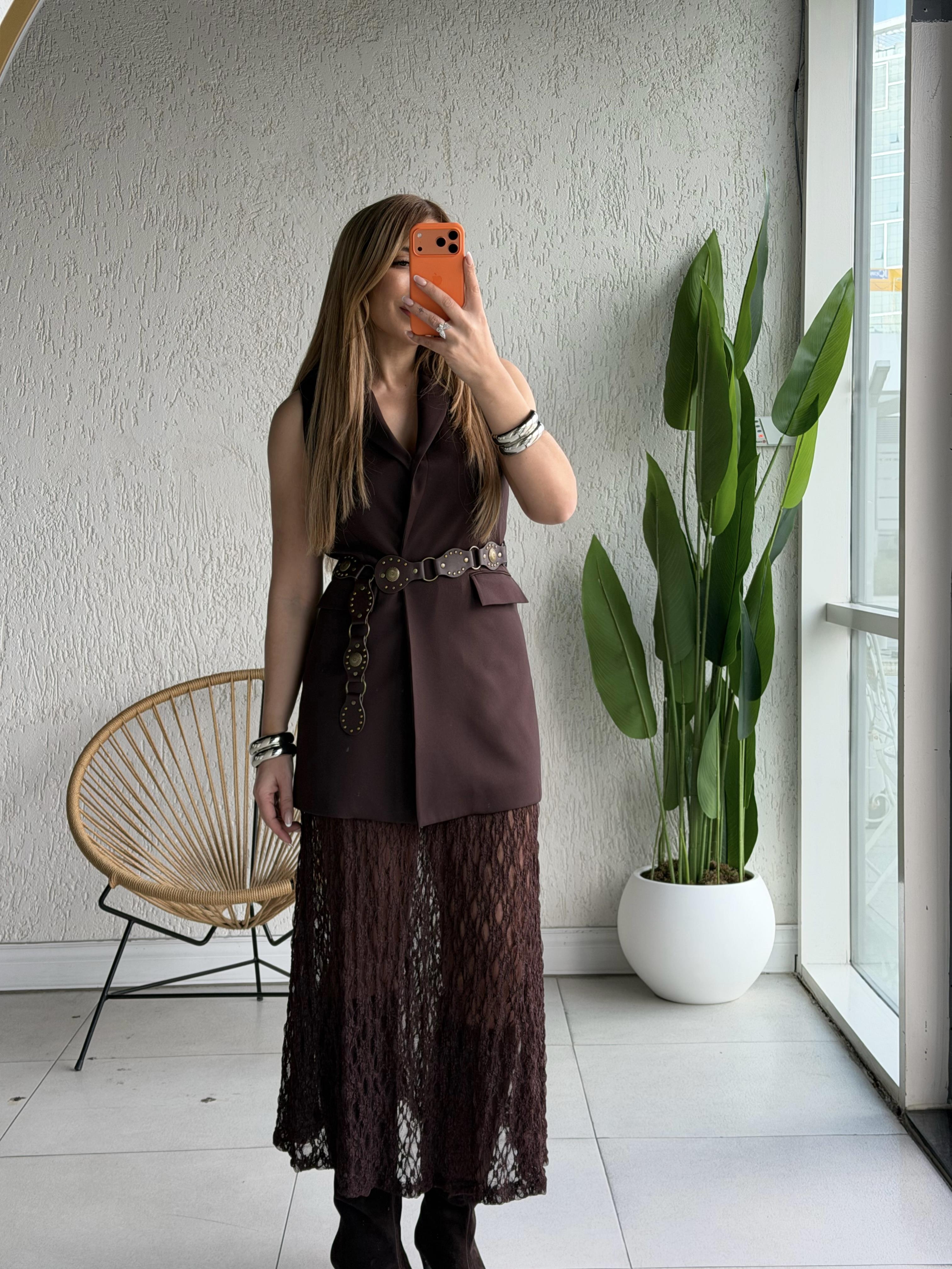 Kahve Güpür Detaylı Yelek Elbise 