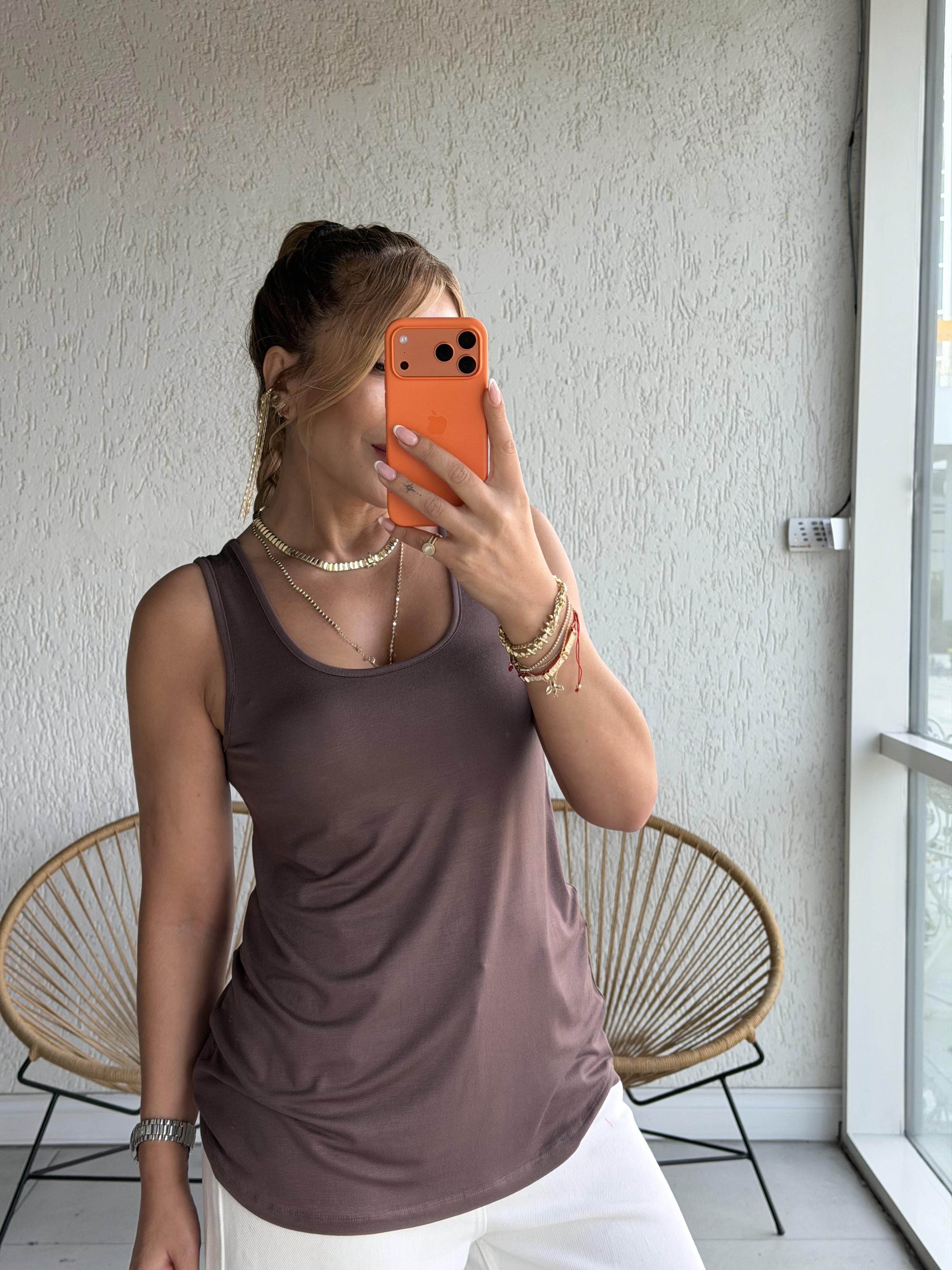 Kahve Kalın Askılı Atlet Bluz