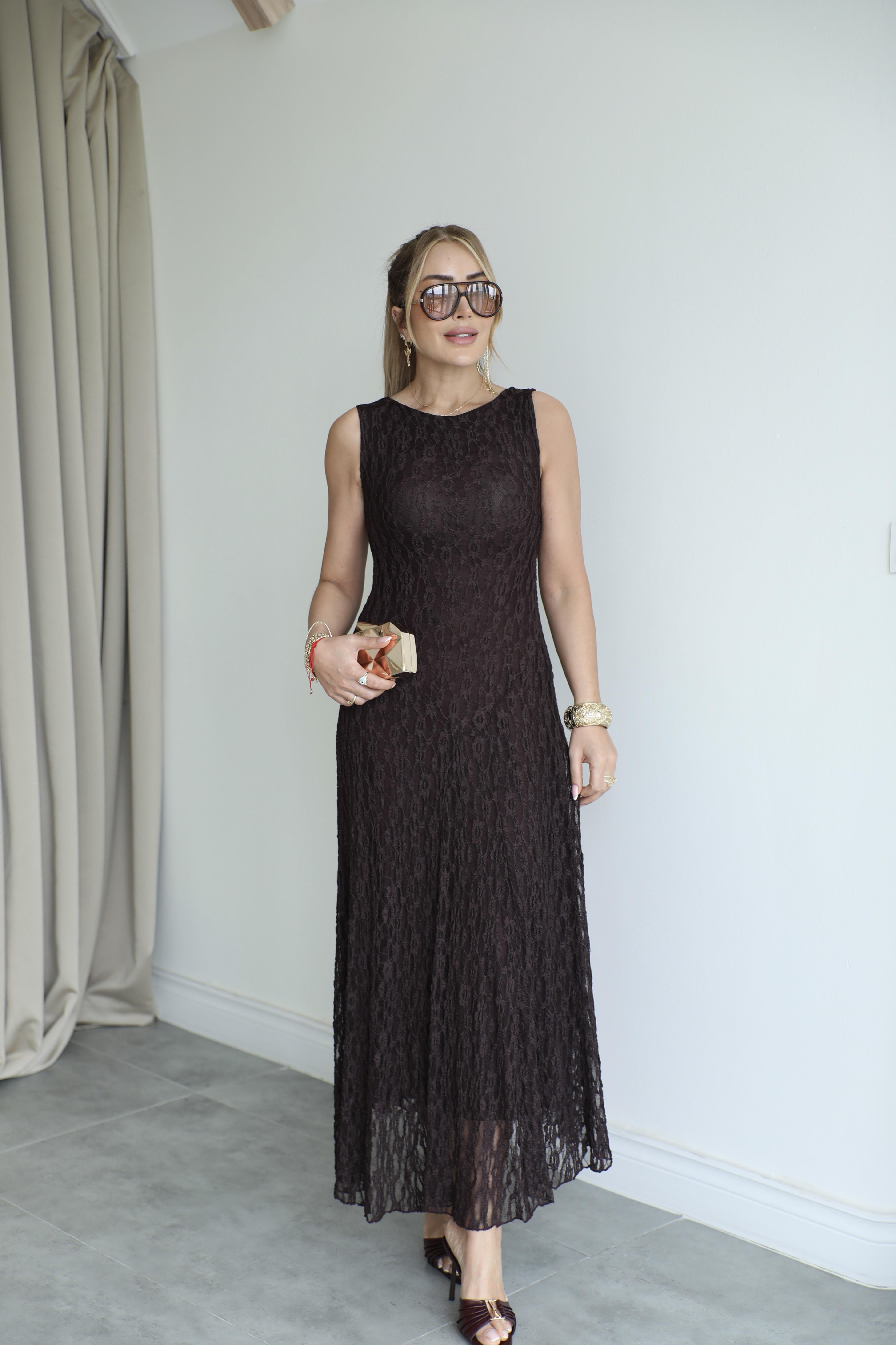 Kahve Kalın Askılı Dantel Maxi Elbise