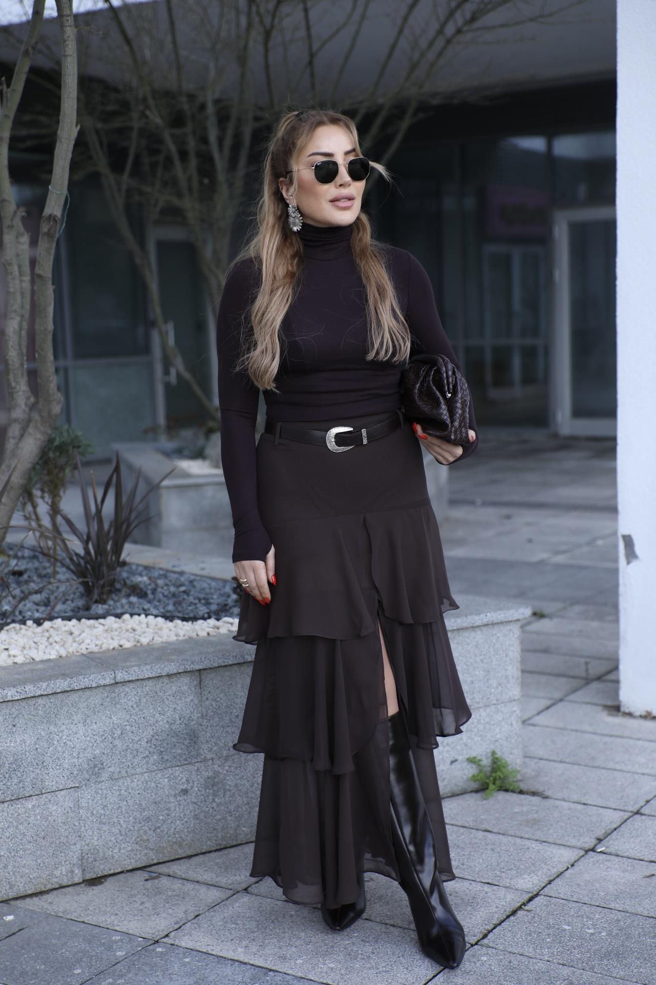 Kahve Katlı Volanlı Kemerli Etek