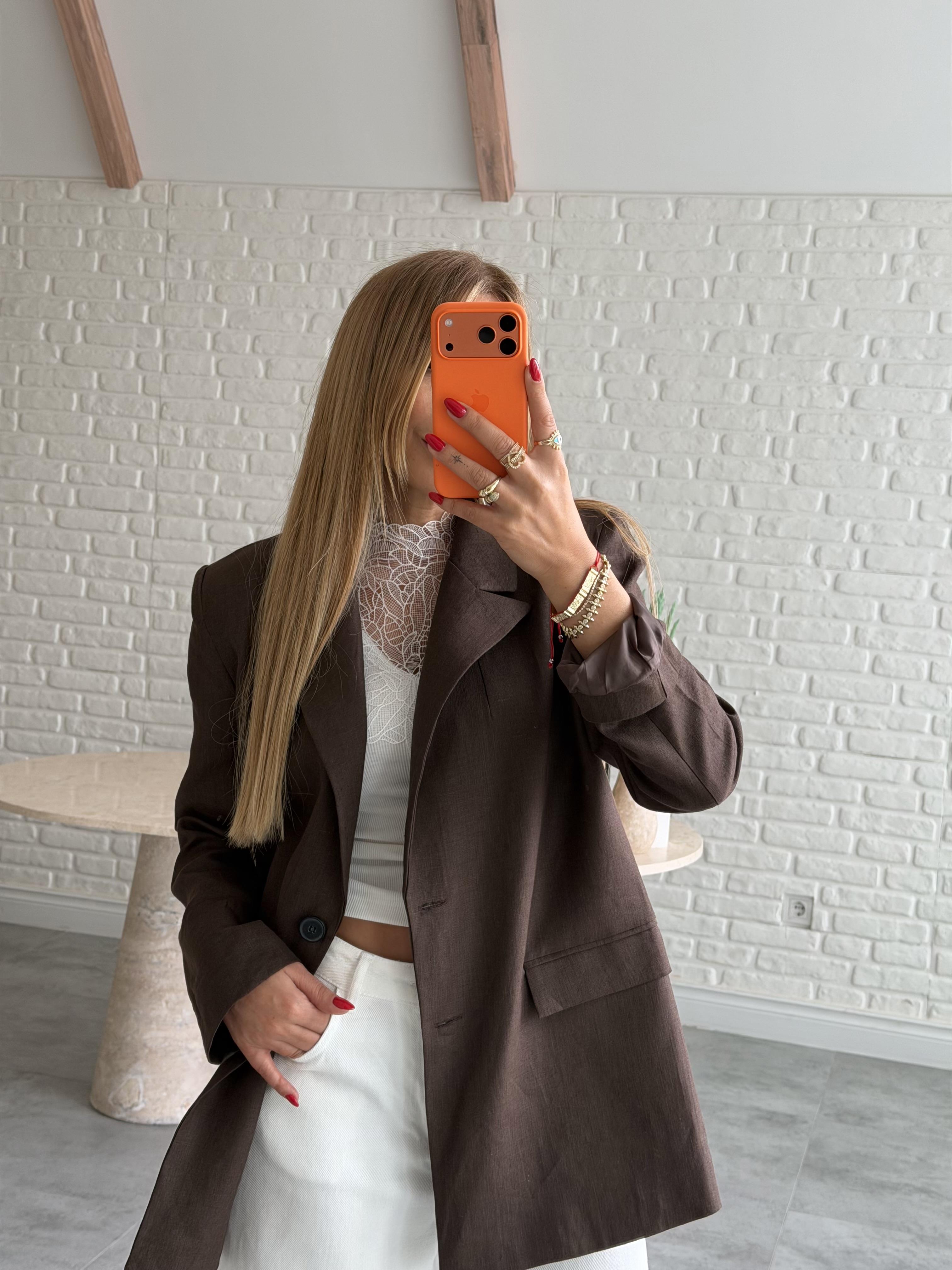 Kahve Keten Blazer Ceket