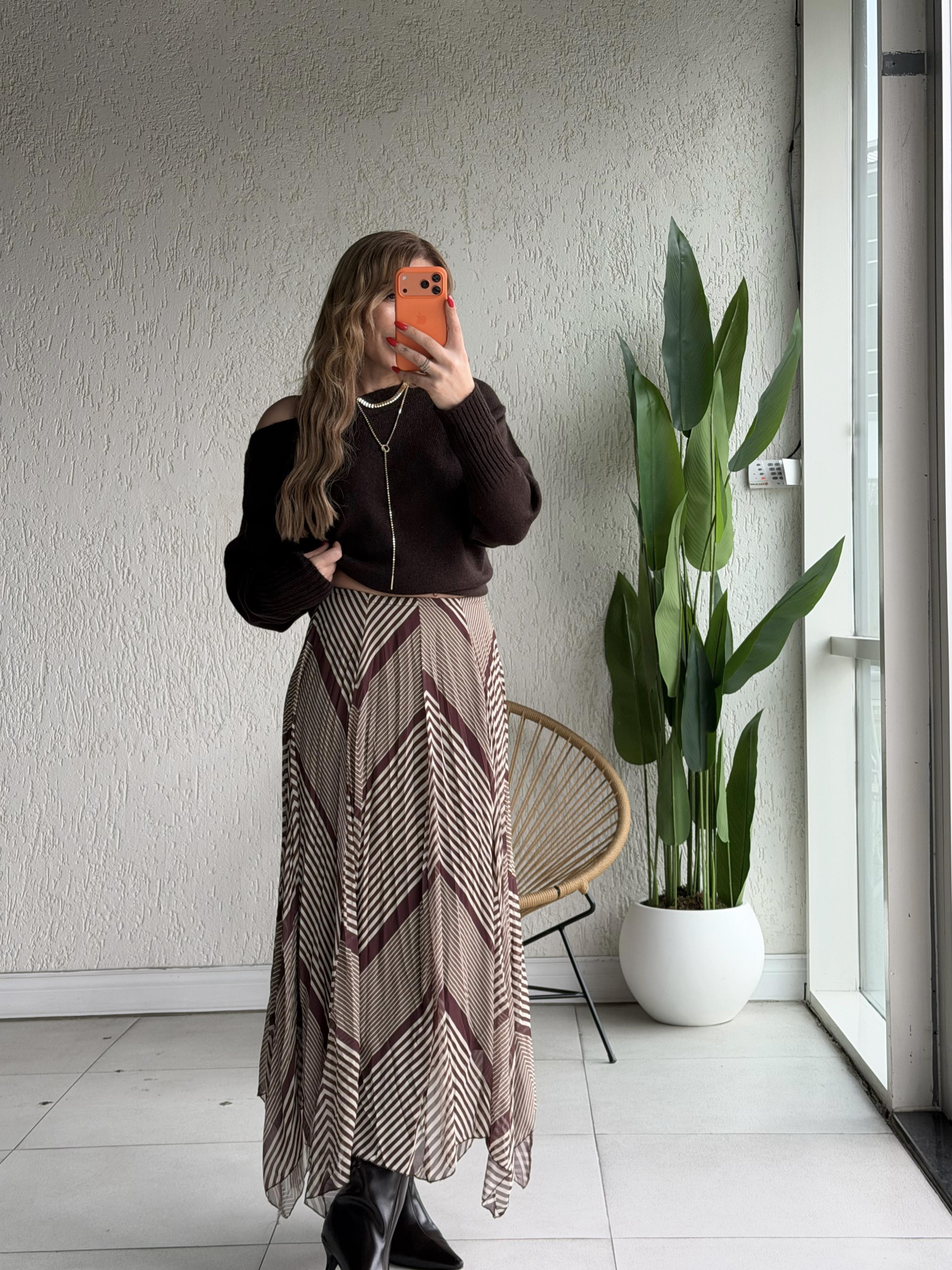 Kahve Krem Piliseli Etek