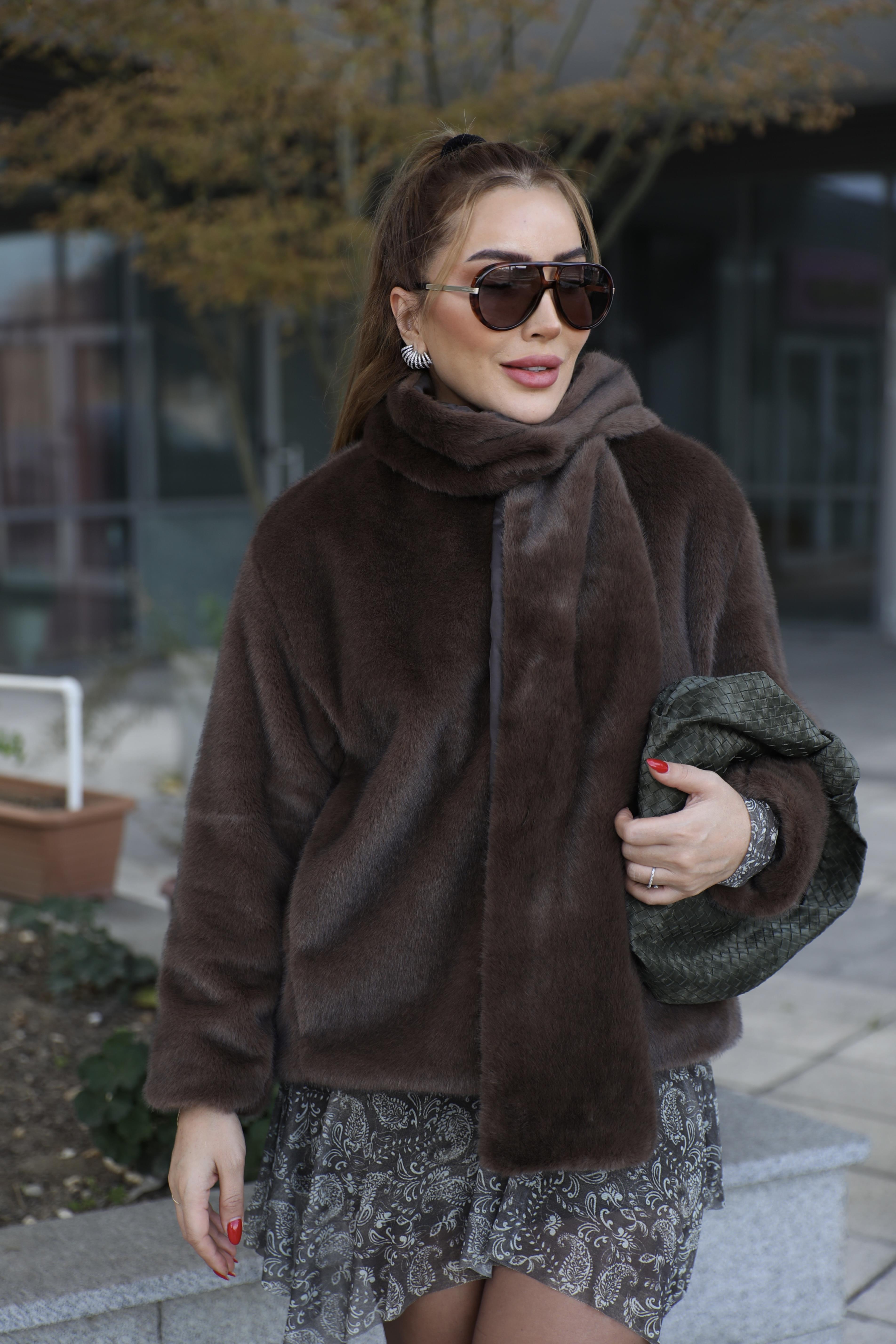 Kahve Kürk Şal Detaylı Kaban