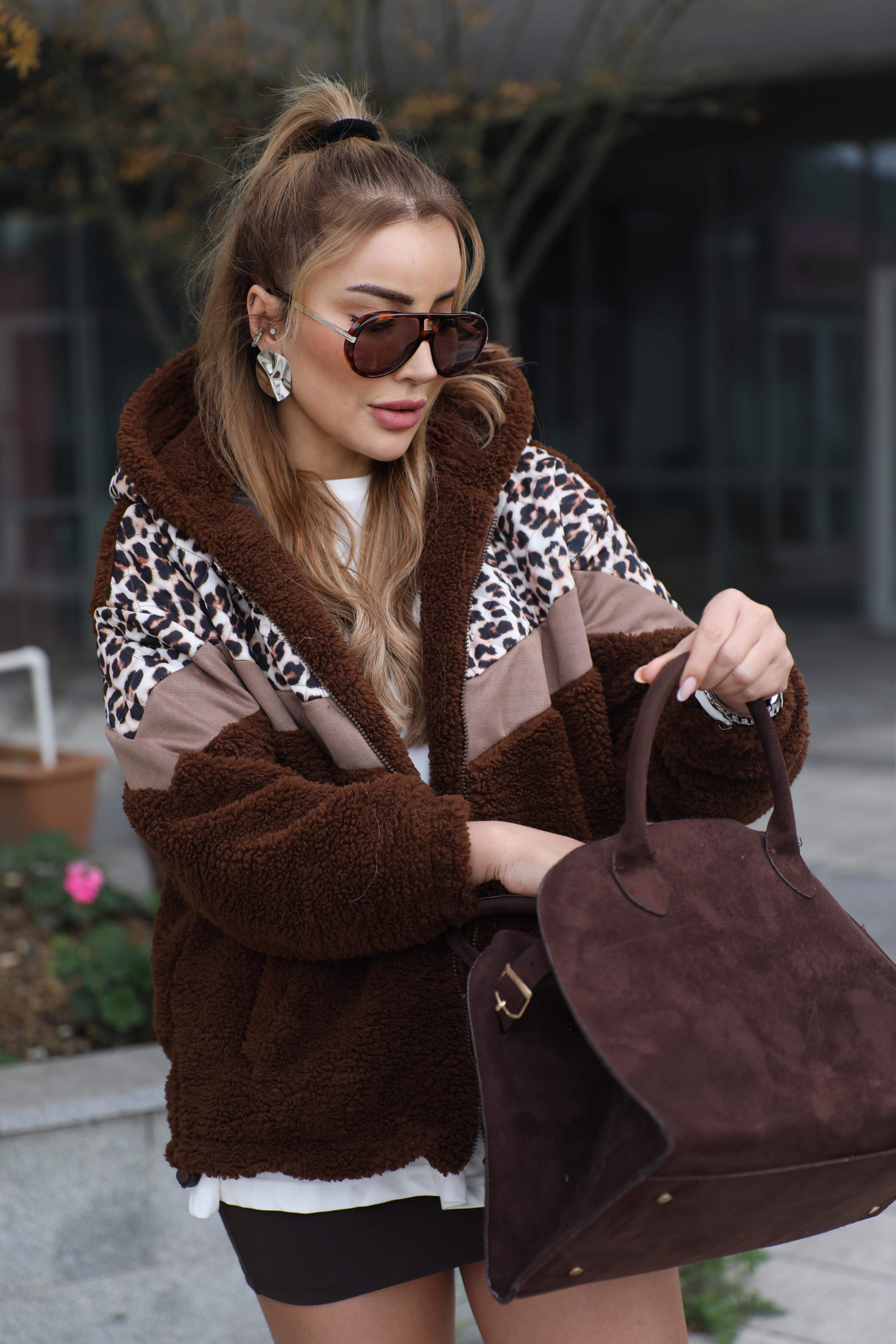 Kahve Leopar Desenli Peluş Mont