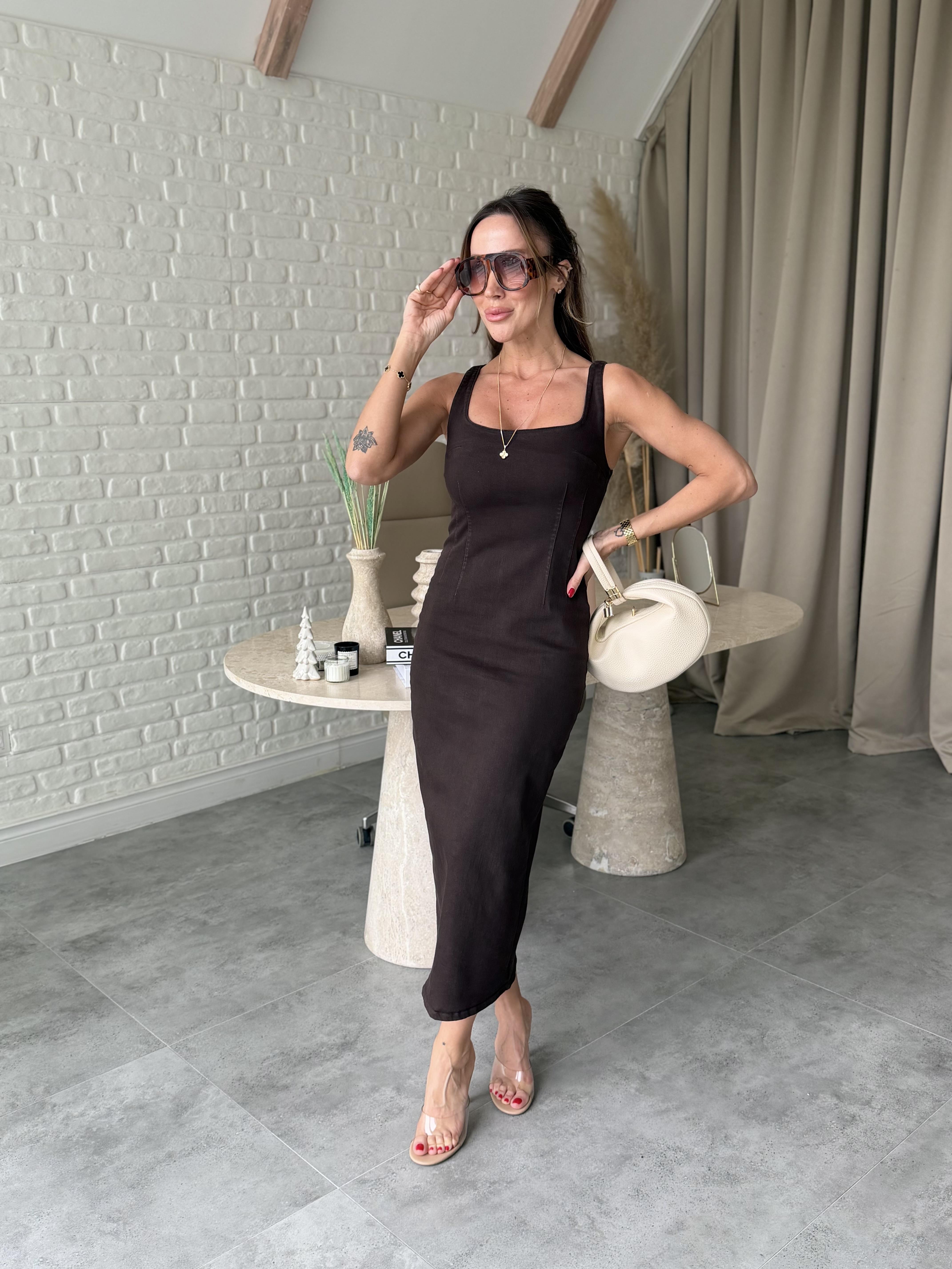 Kahve Likralı Denim Elbise