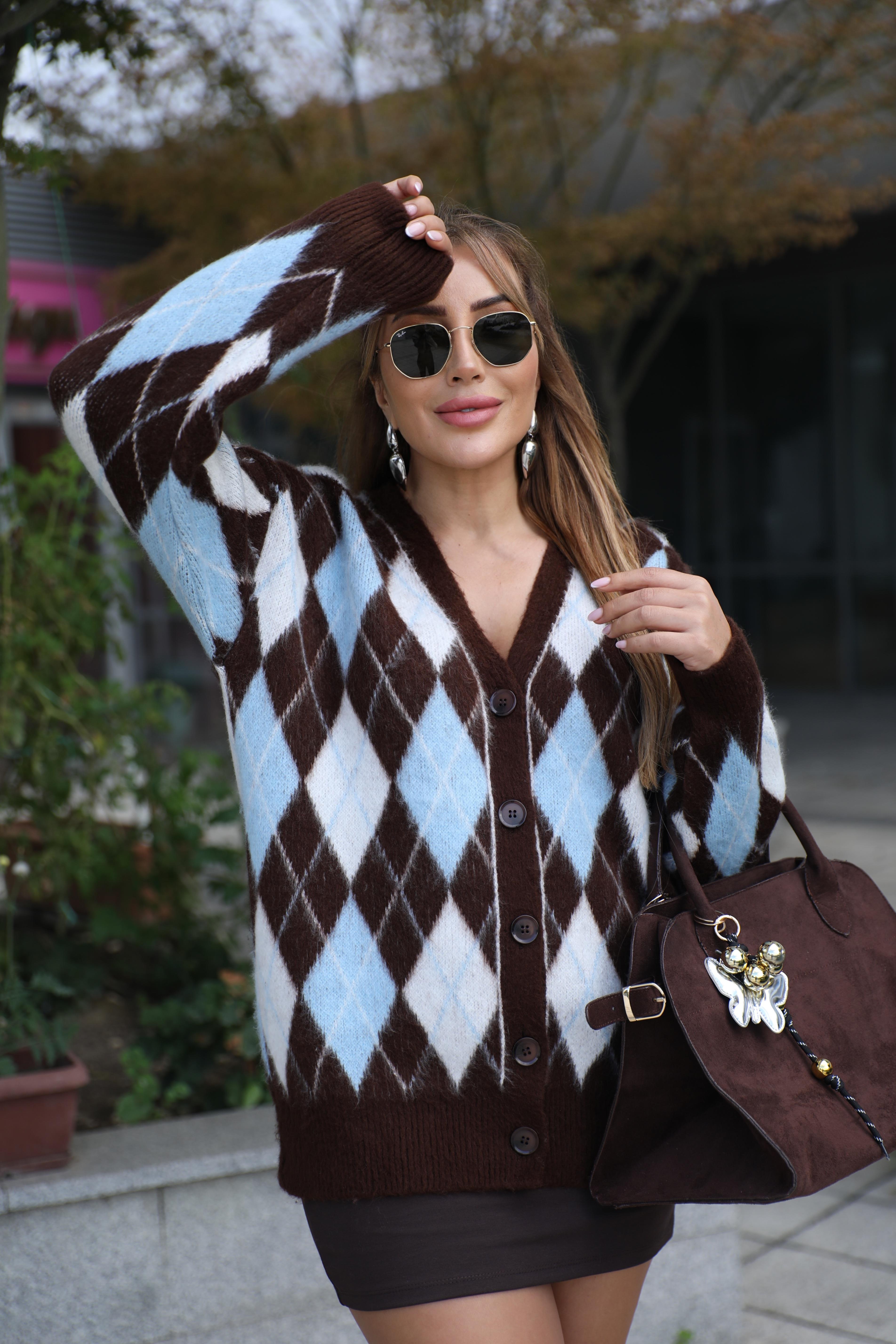 Kahve Mavi Baklava Desen Hırka