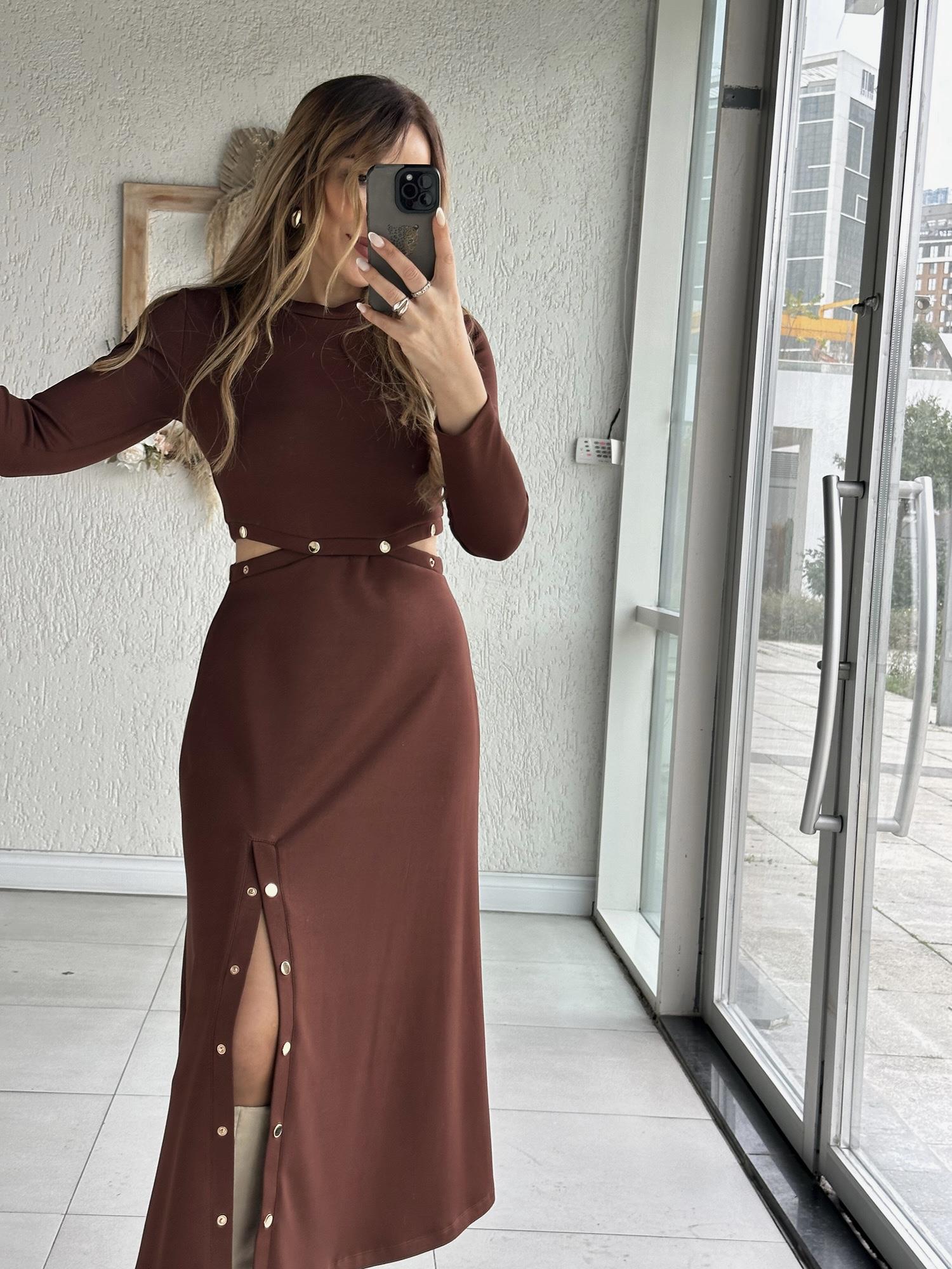 Kahve Modal Çıtçıt Elbise