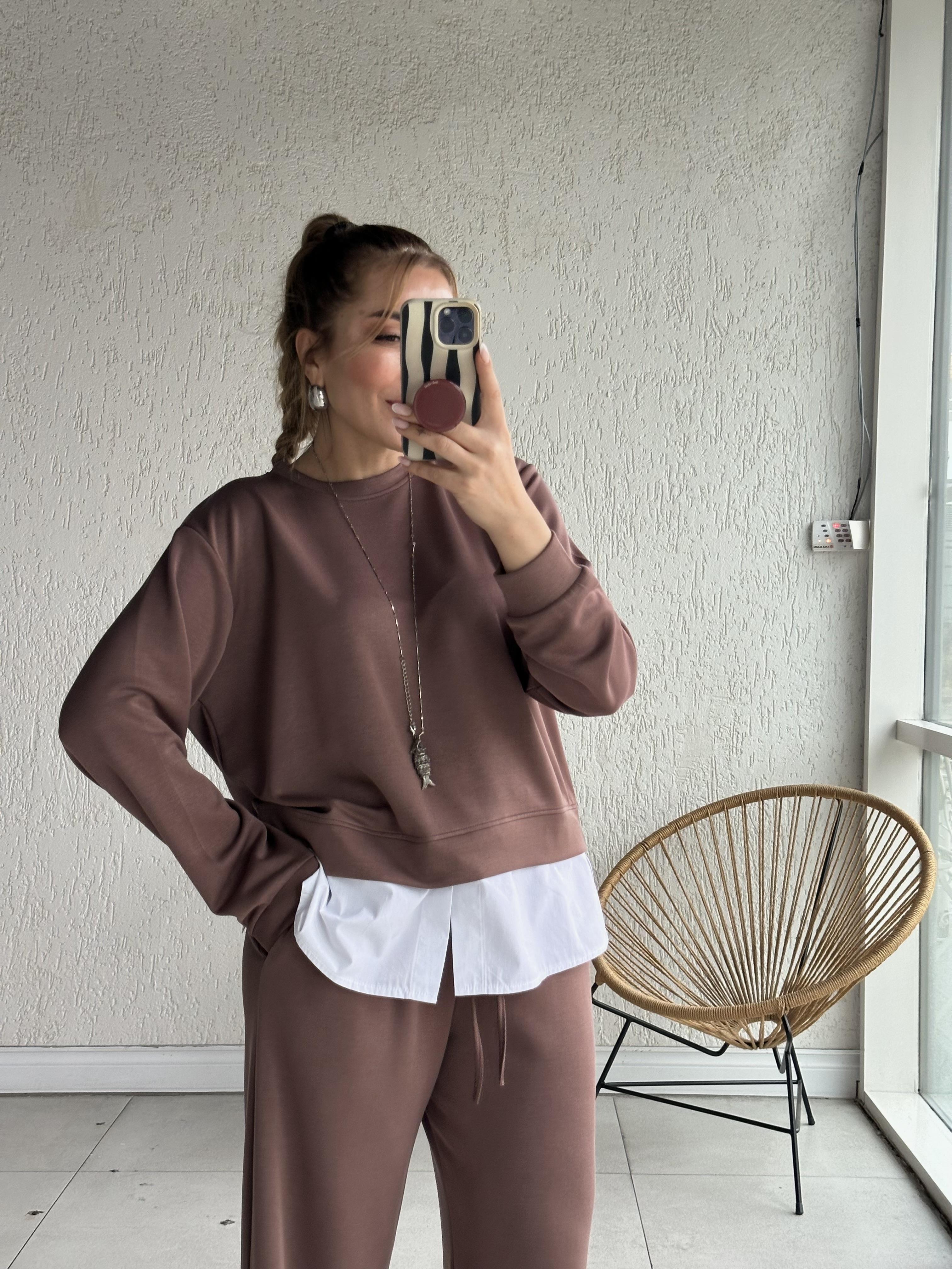 Kahve Modal Poplin Detay Takım 