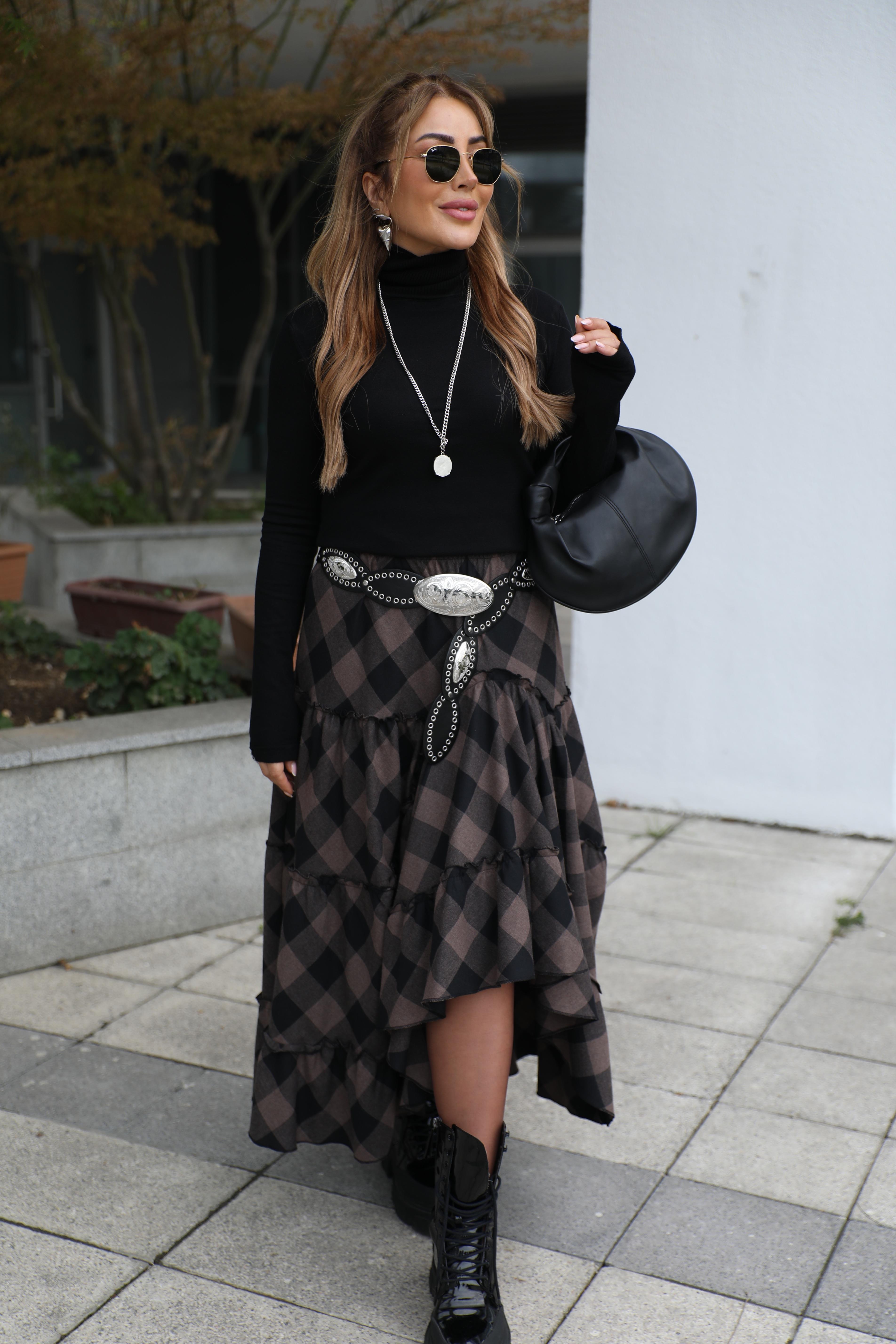 Kahve Siyah Ekoseli Asimetrik Etek