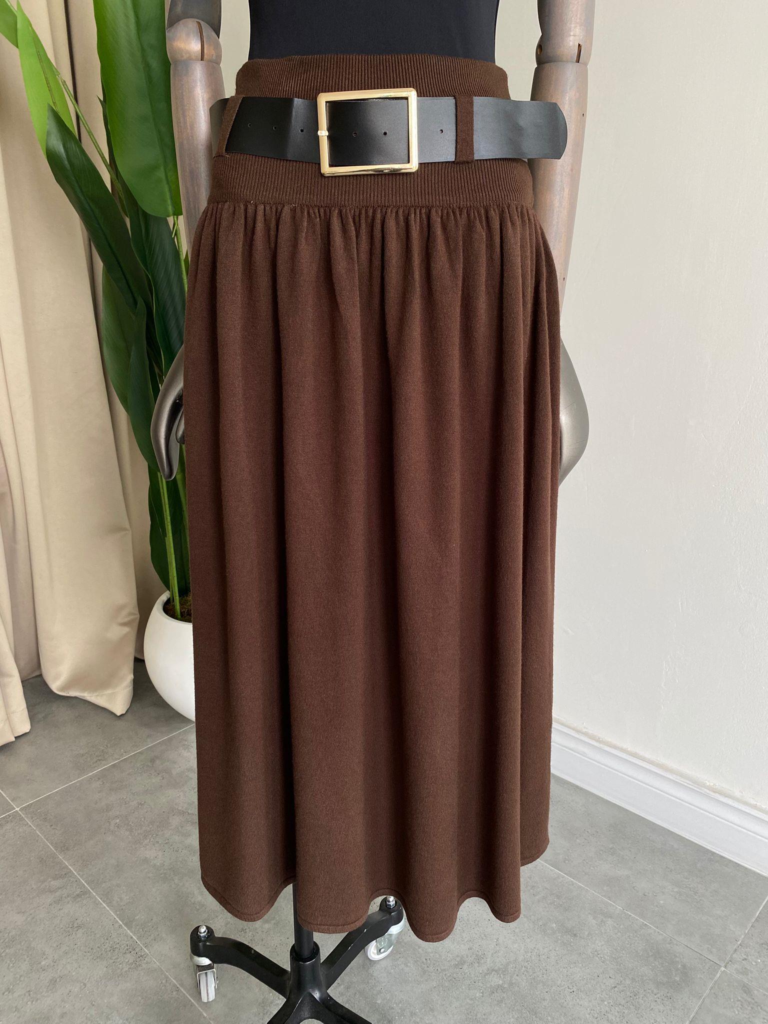 Kahve Siyah Kemerli Triko Etek