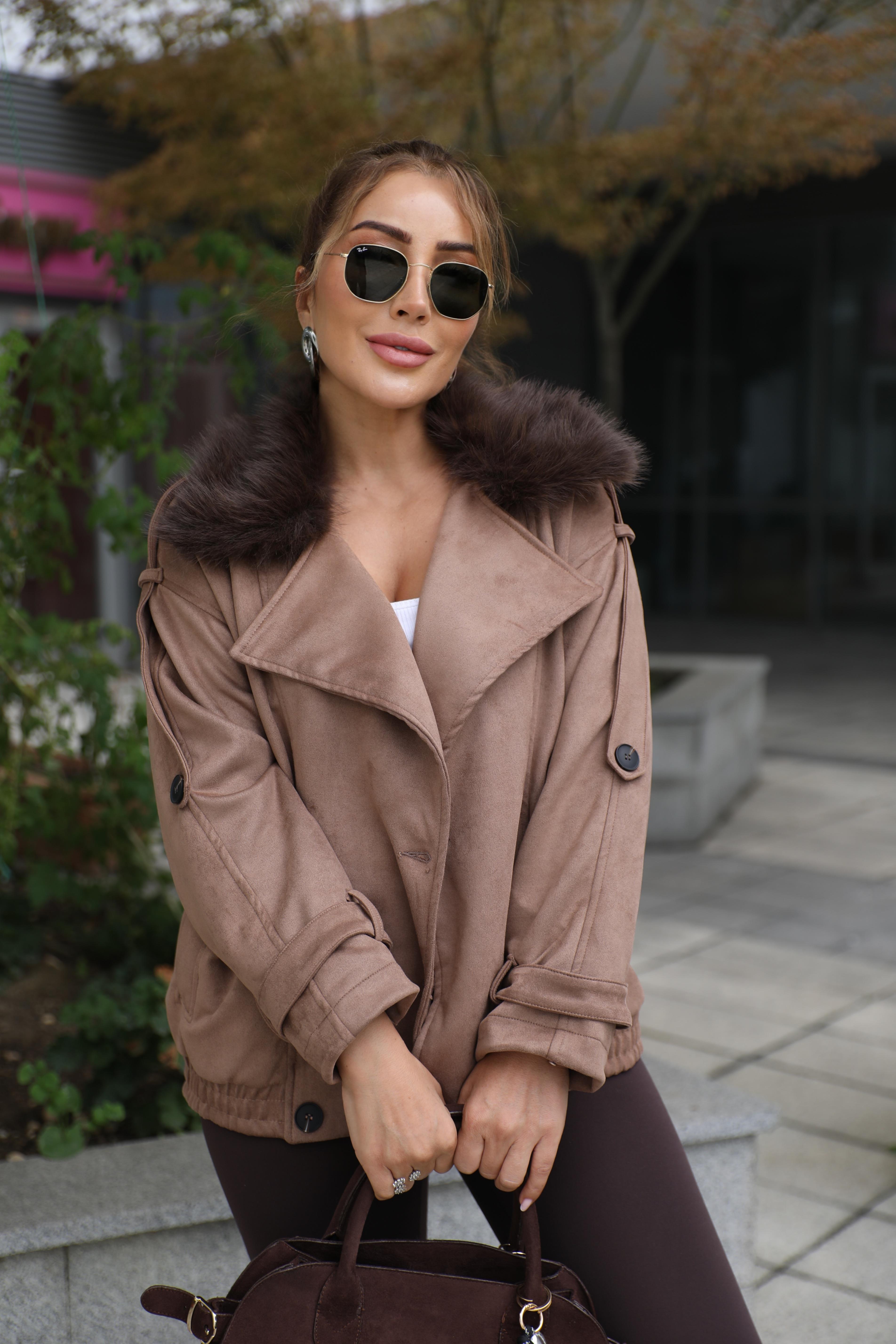 Kahve Süet Kürk Detaylı Ceket