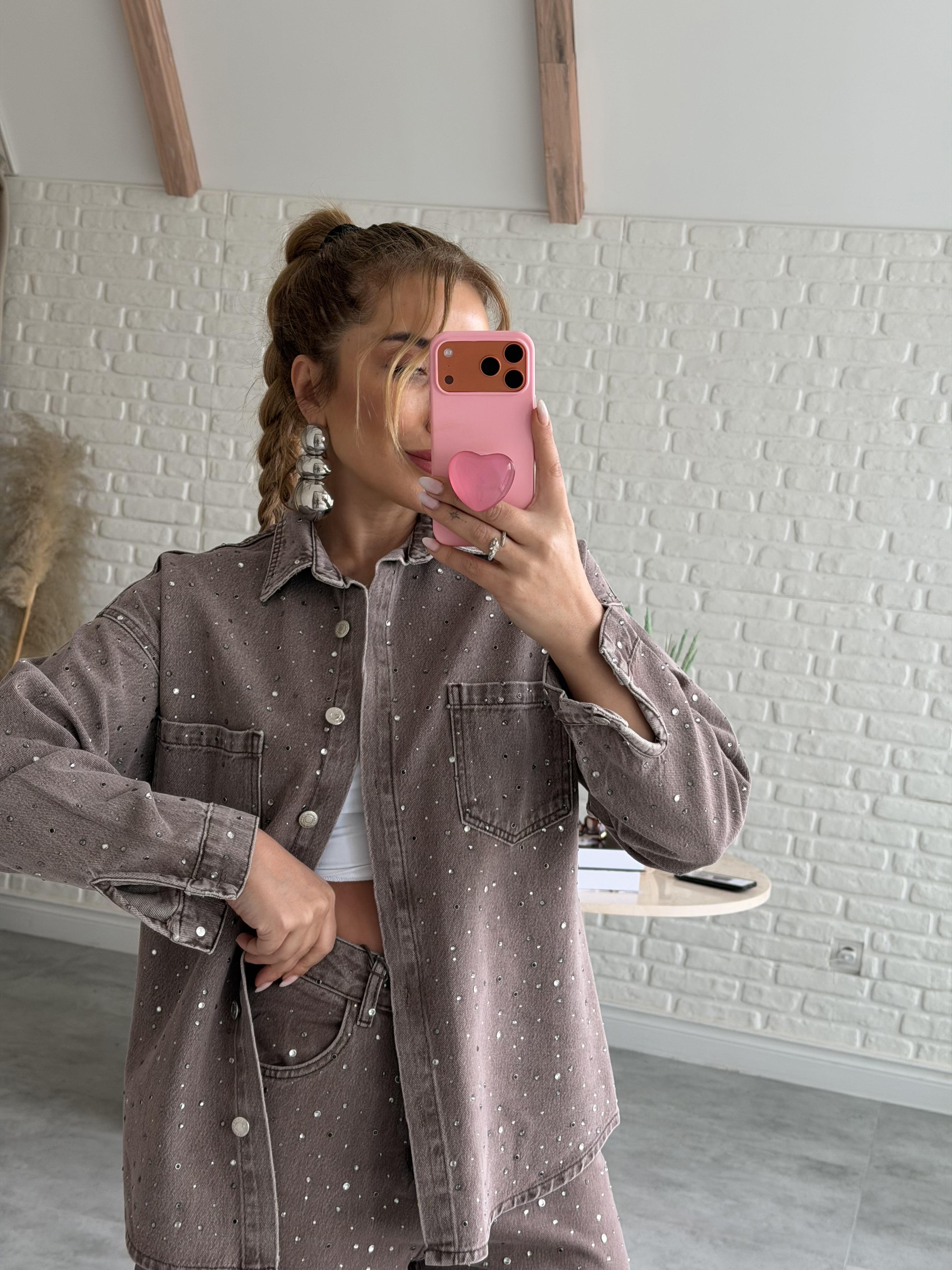 Kahve Taşlı Denim Gömlek