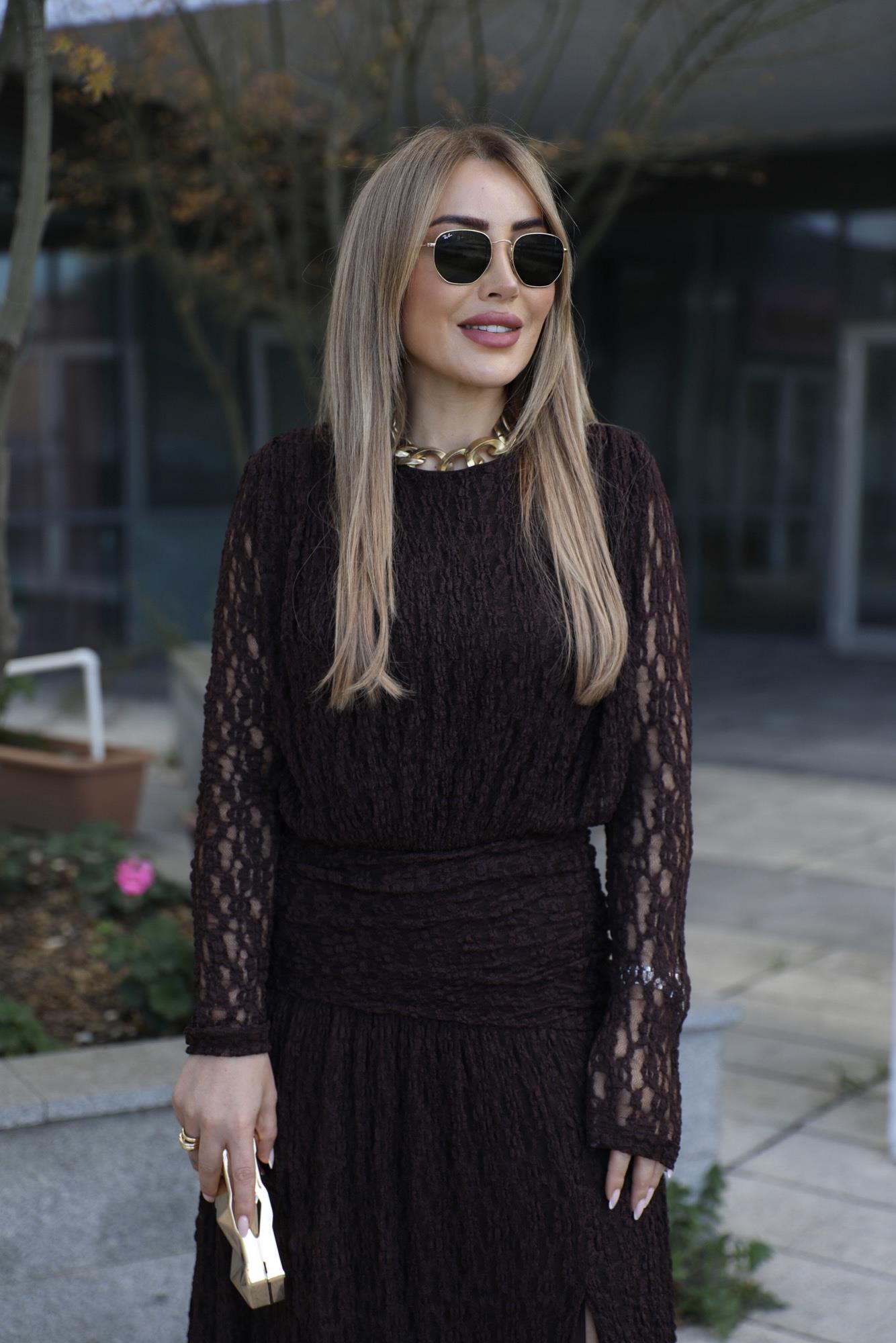 Kahve Uzun Dantel Elbise