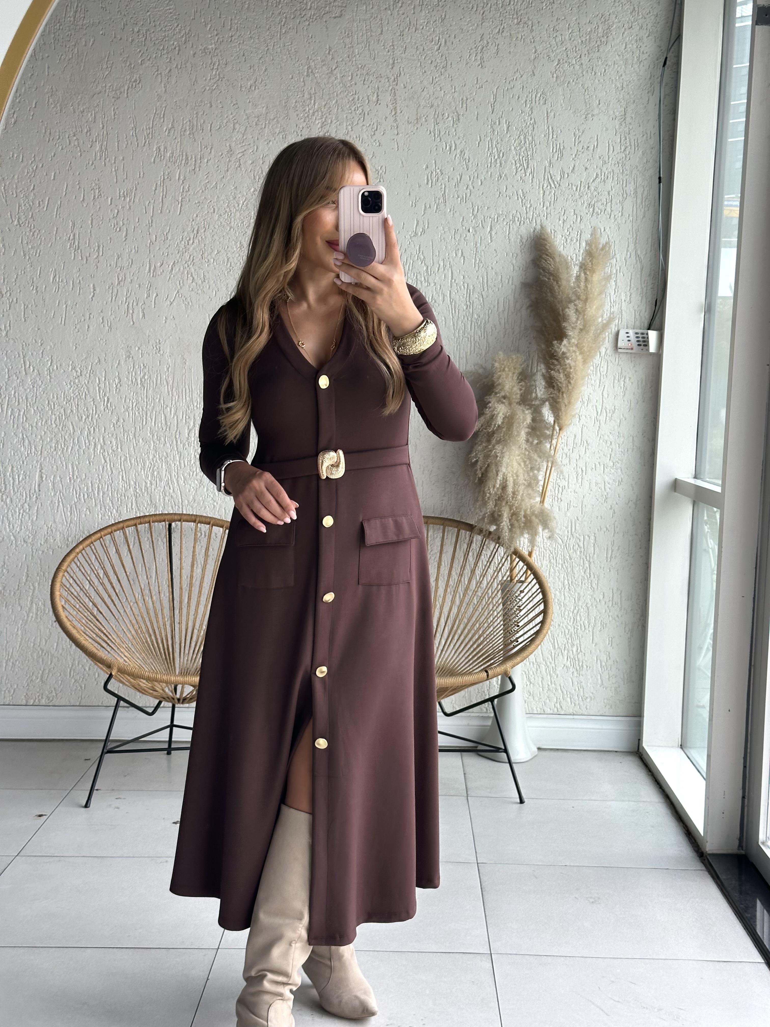 Kahve V Yaka Kemer Detaylı Elbise