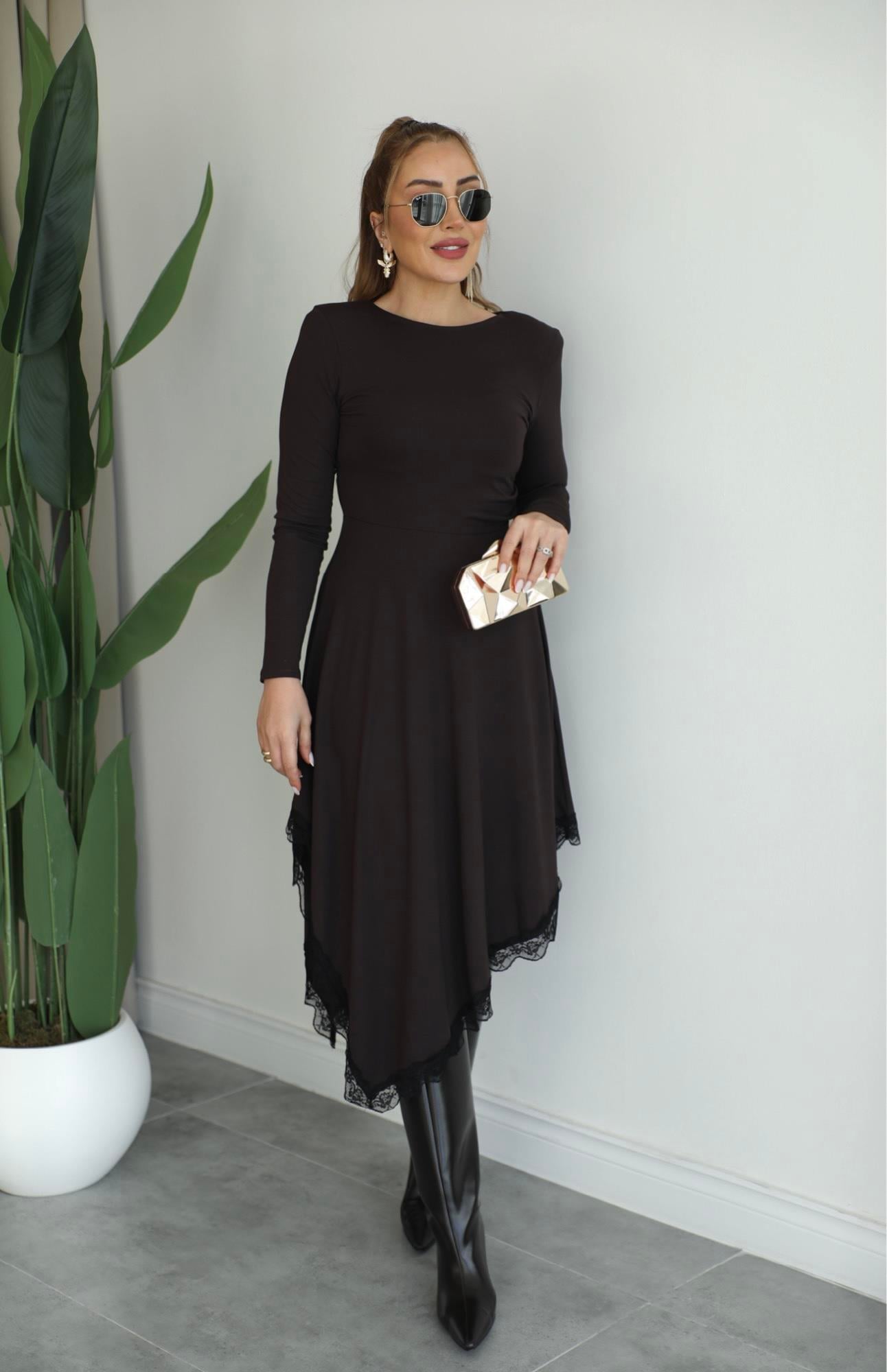 Kahve Vatkalı Asimetrik Elbise