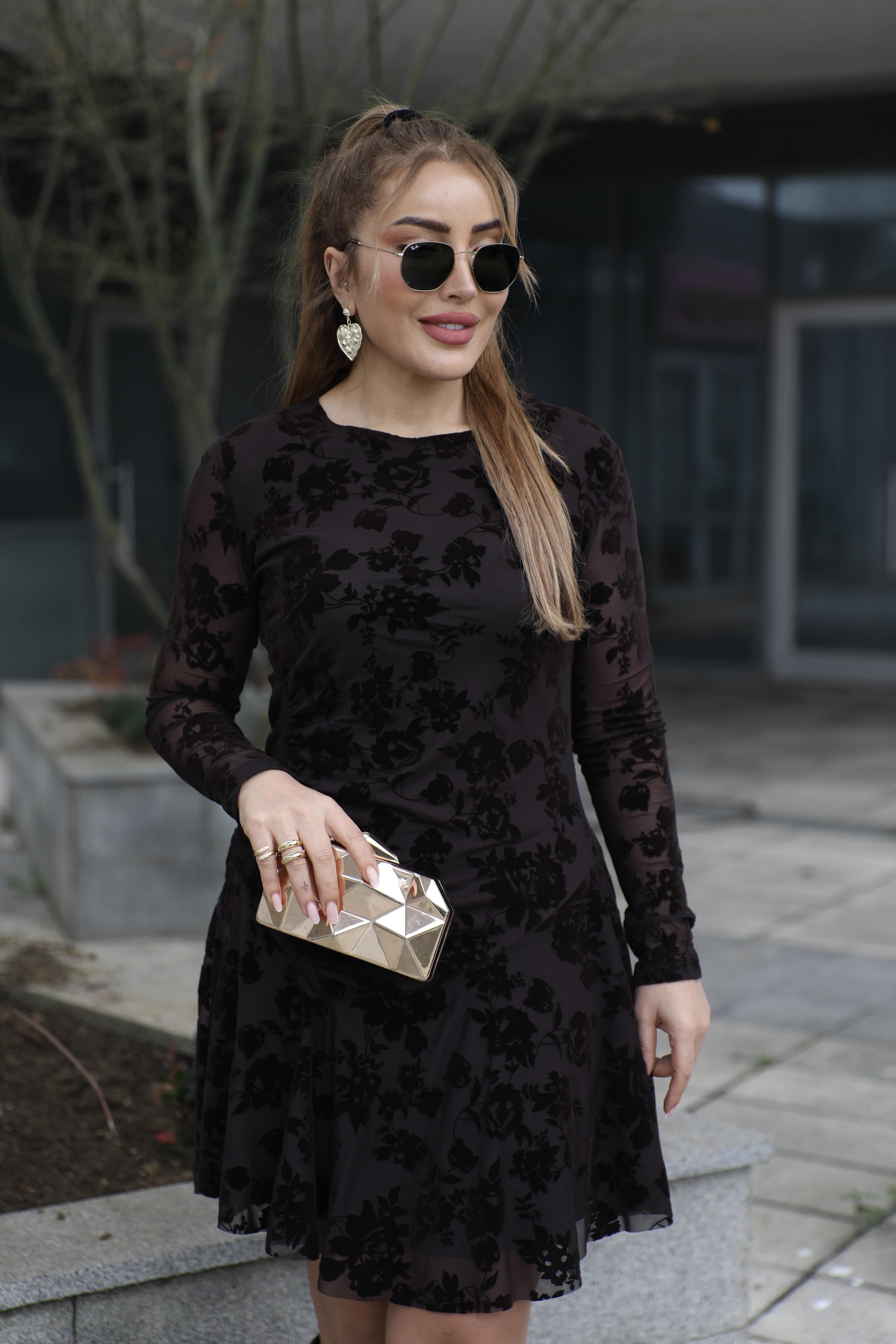 Kahve Volanlı Desenli Tül Elbise 