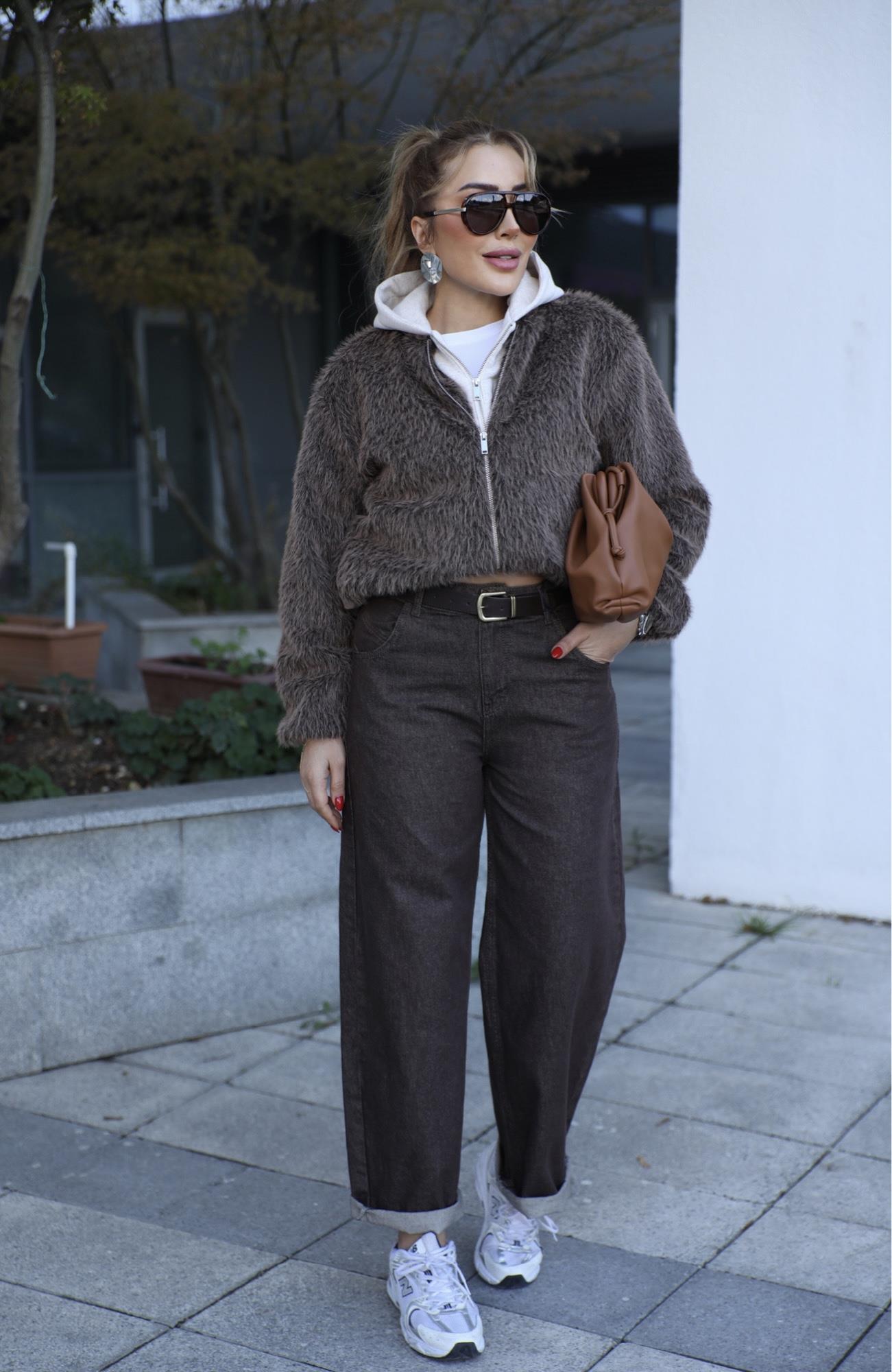 Kahve Yıkamalı Kemerli Denim