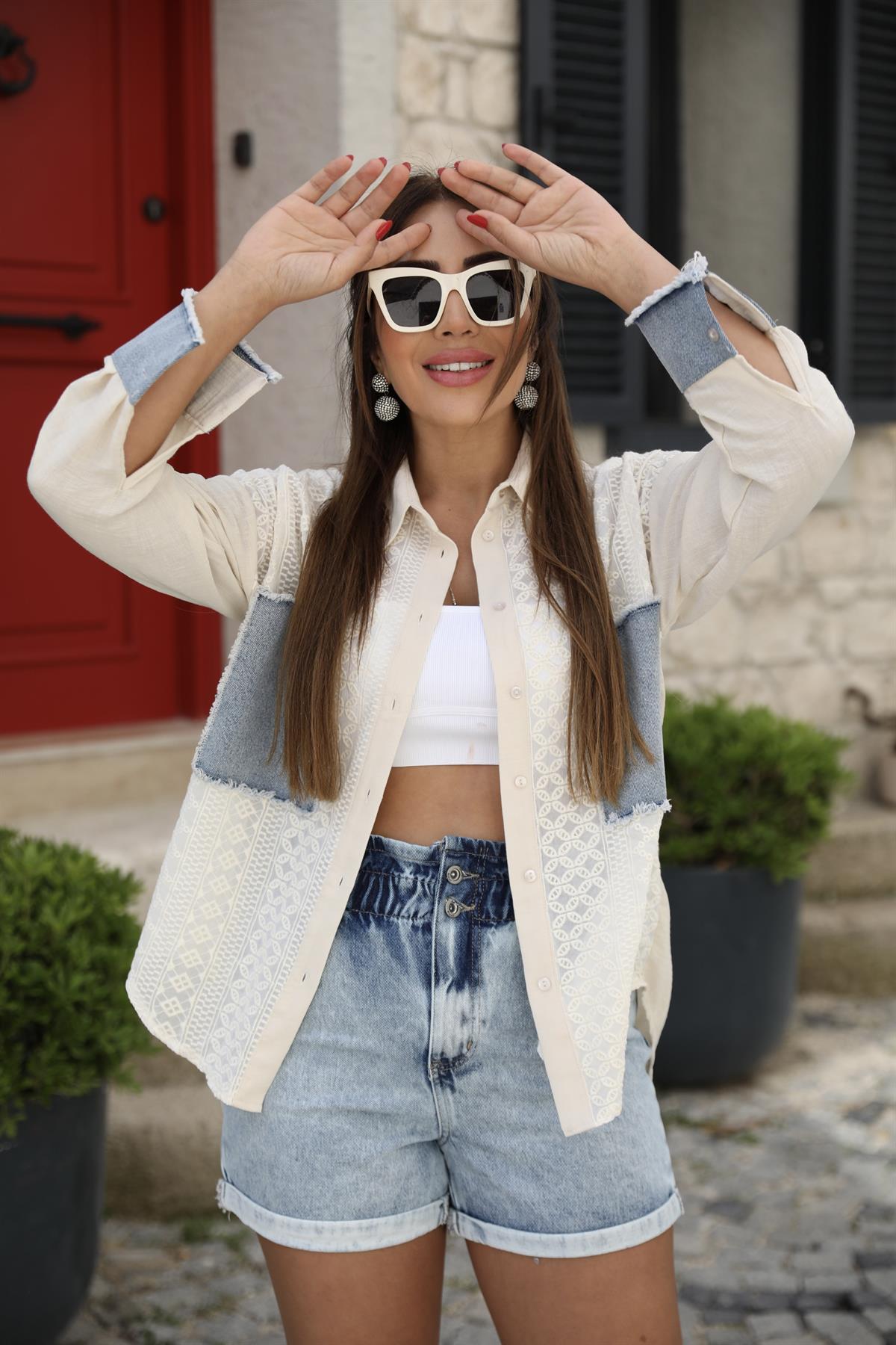 Keten Jean Detaylı Gömlek 