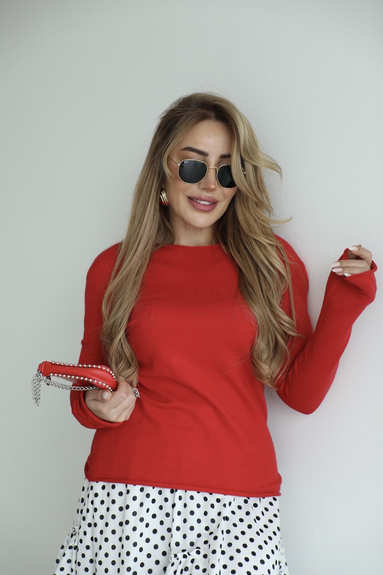Kırmızı Basic Dokulu Triko Bluz