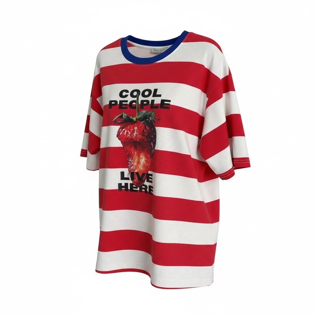 Kırmızı Beyaz Çizgili Çilek Baskılı T-shirt 