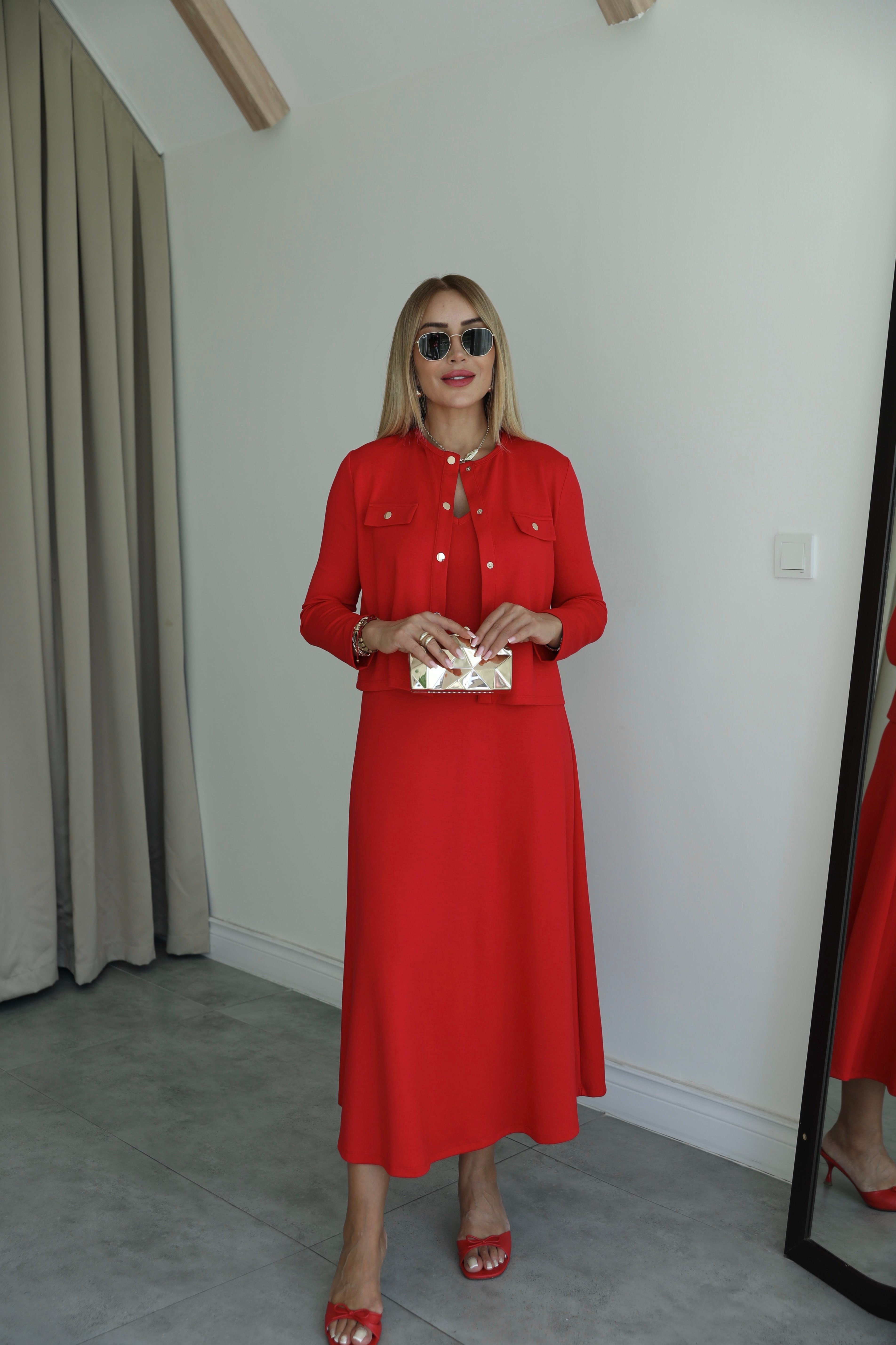 Kırmızı Çıtçıtlı Elbise Hırka Takım 