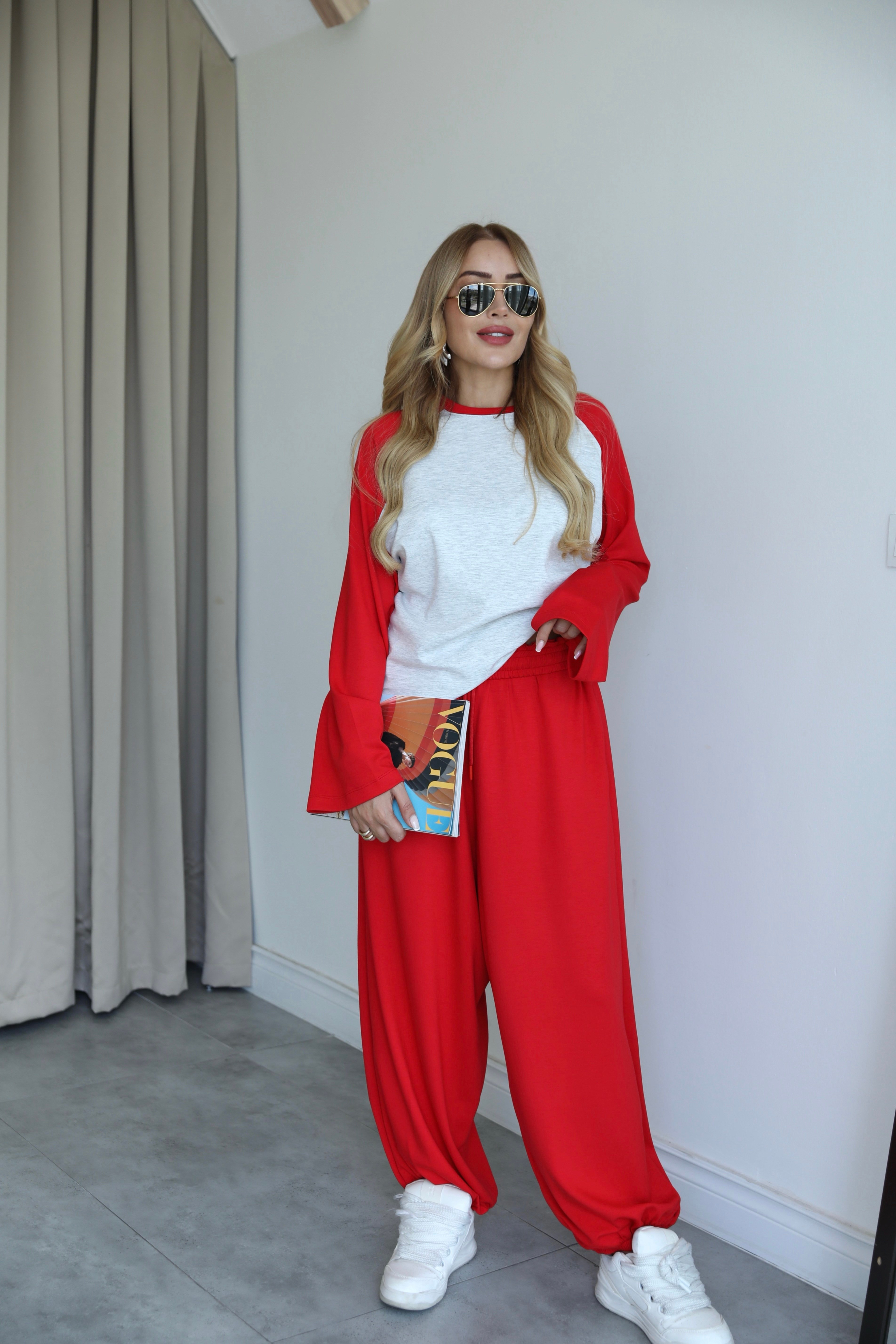Kırmızı Gri Oversize Sweat Eşofman Takım