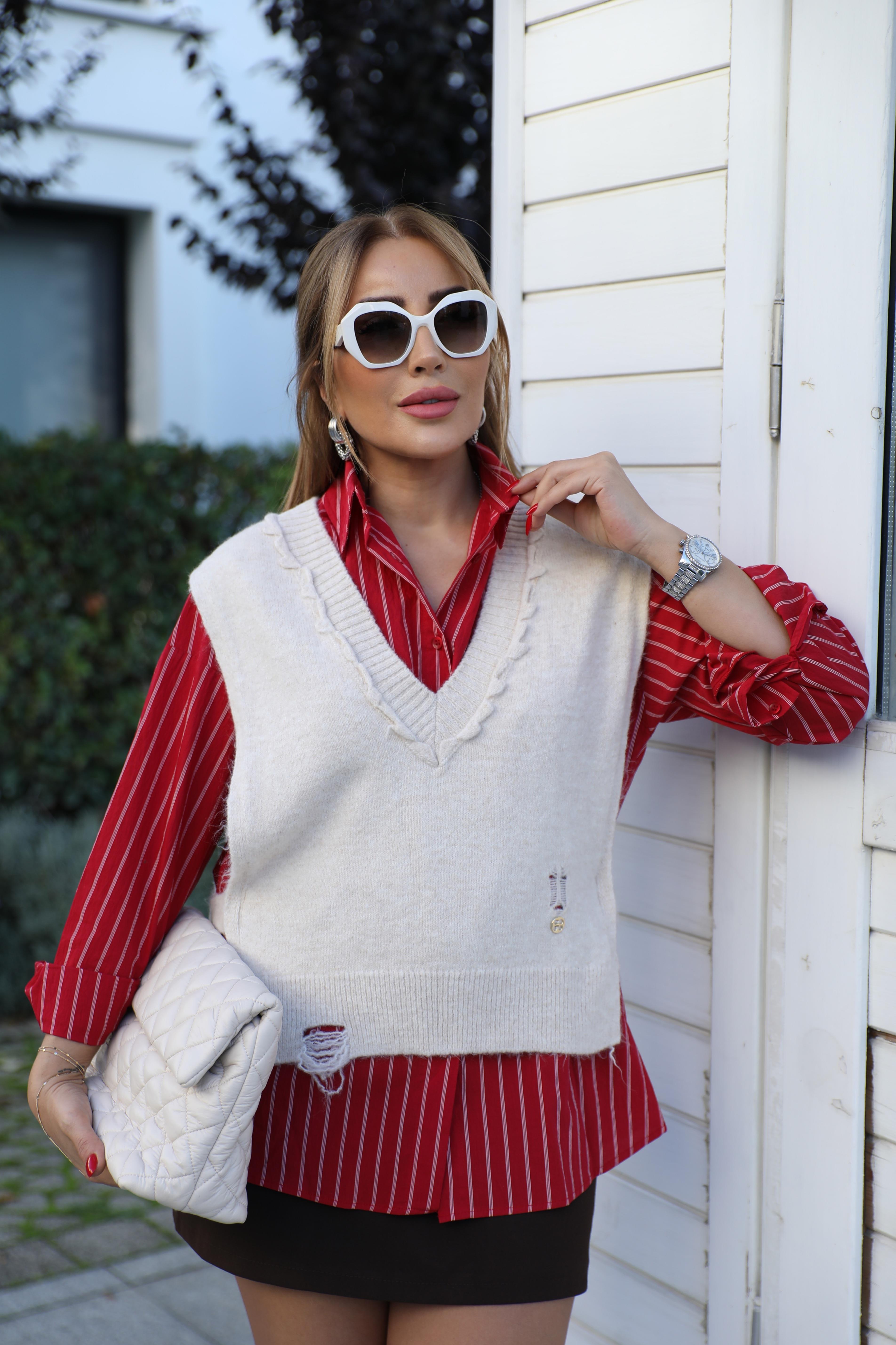 Kırmızı Triko Detaylı Gömlek