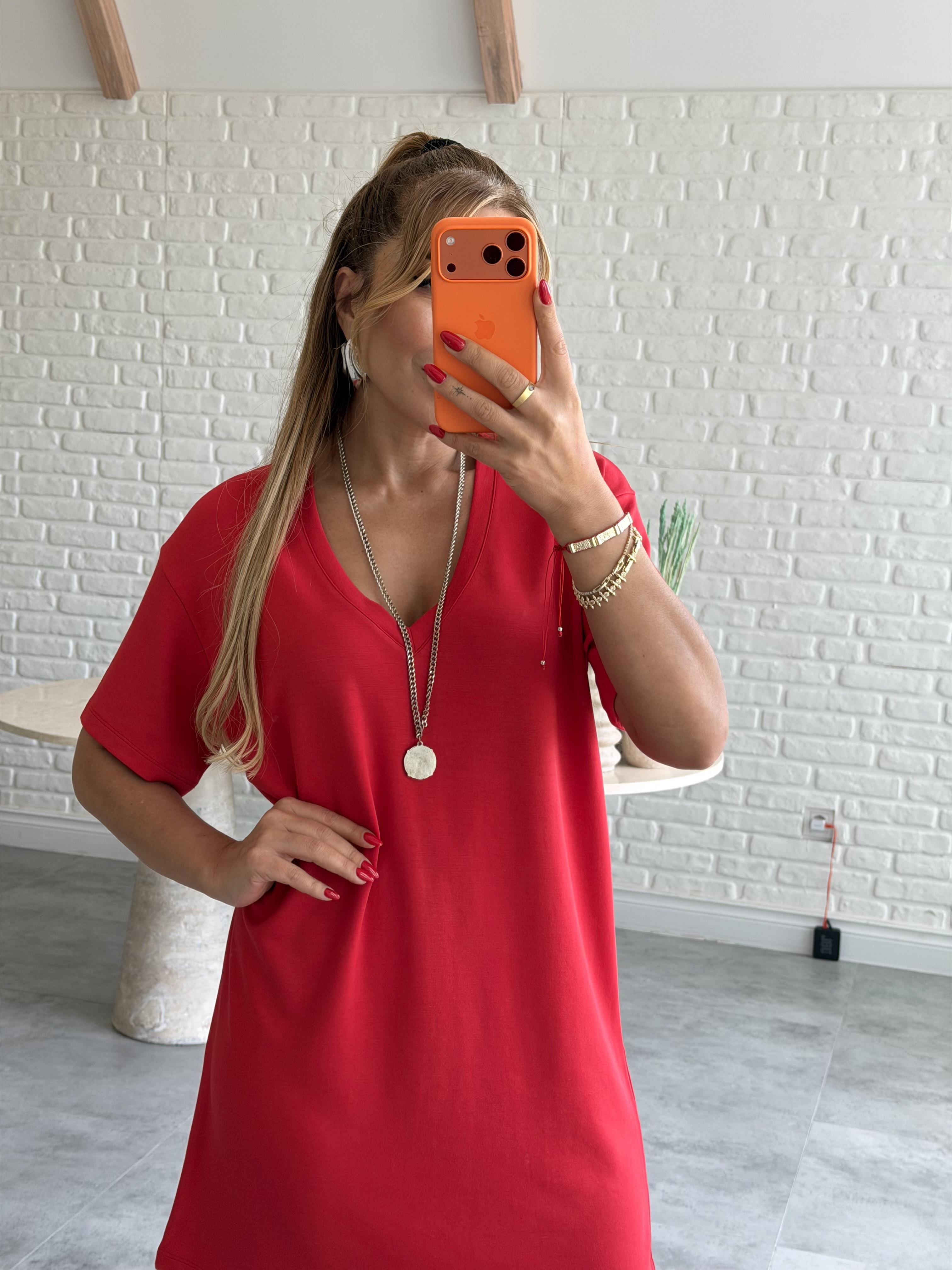 Kırmızı V Yaka Basic Elbise 