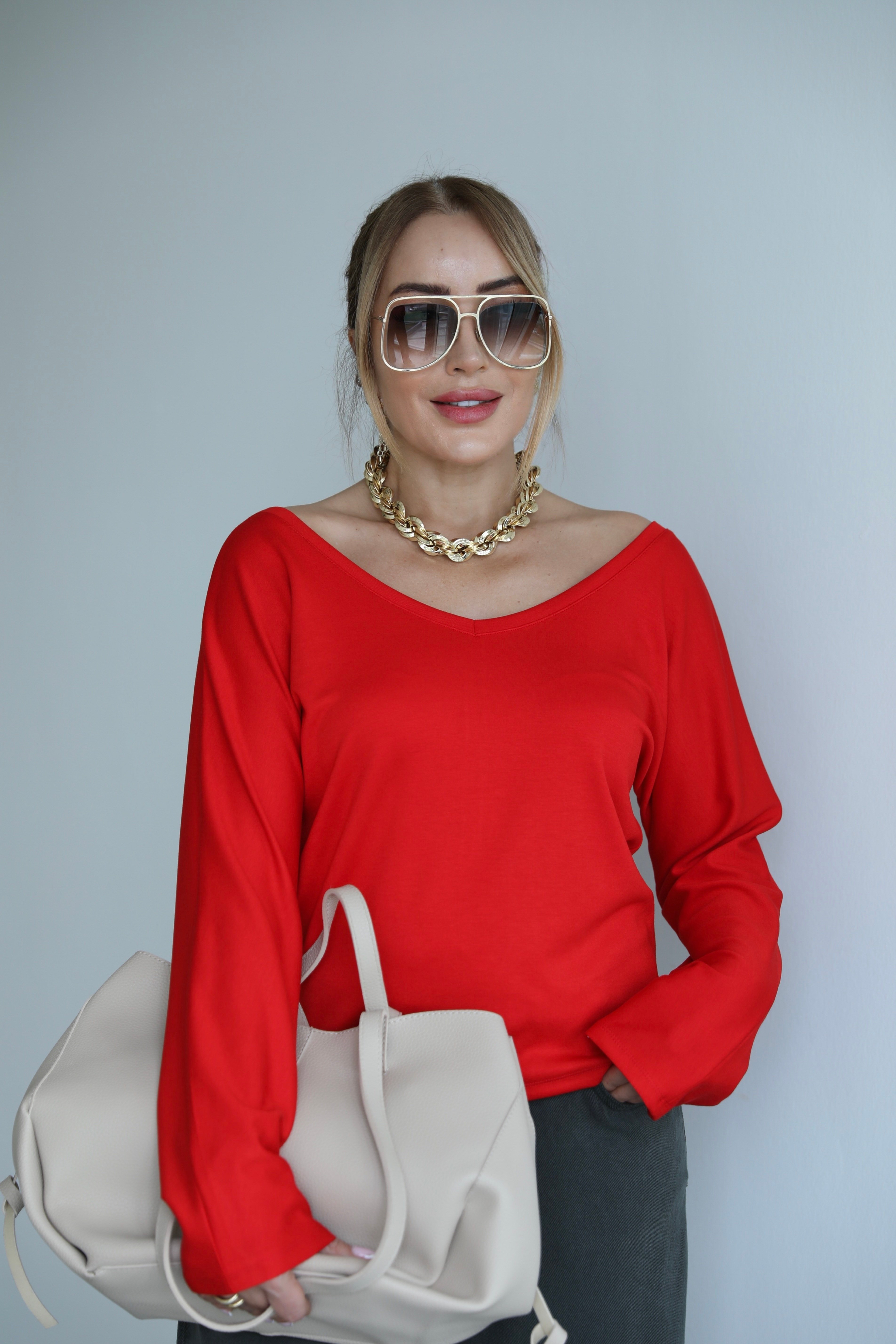 Kırmızı V Yaka Uzun Kollu Basic T-shirt 
