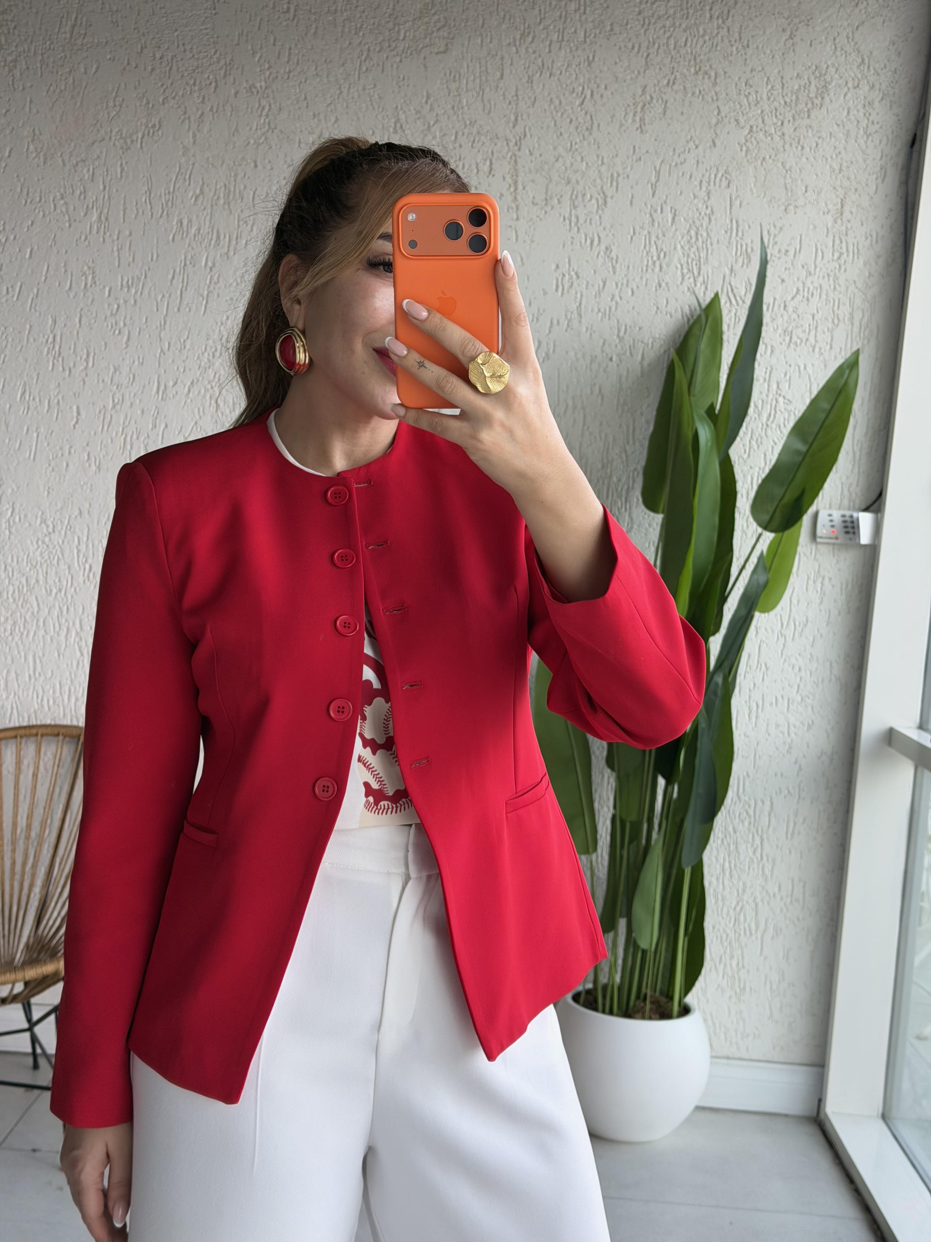 Kırmızı Vatkalı Blazer Ceket
