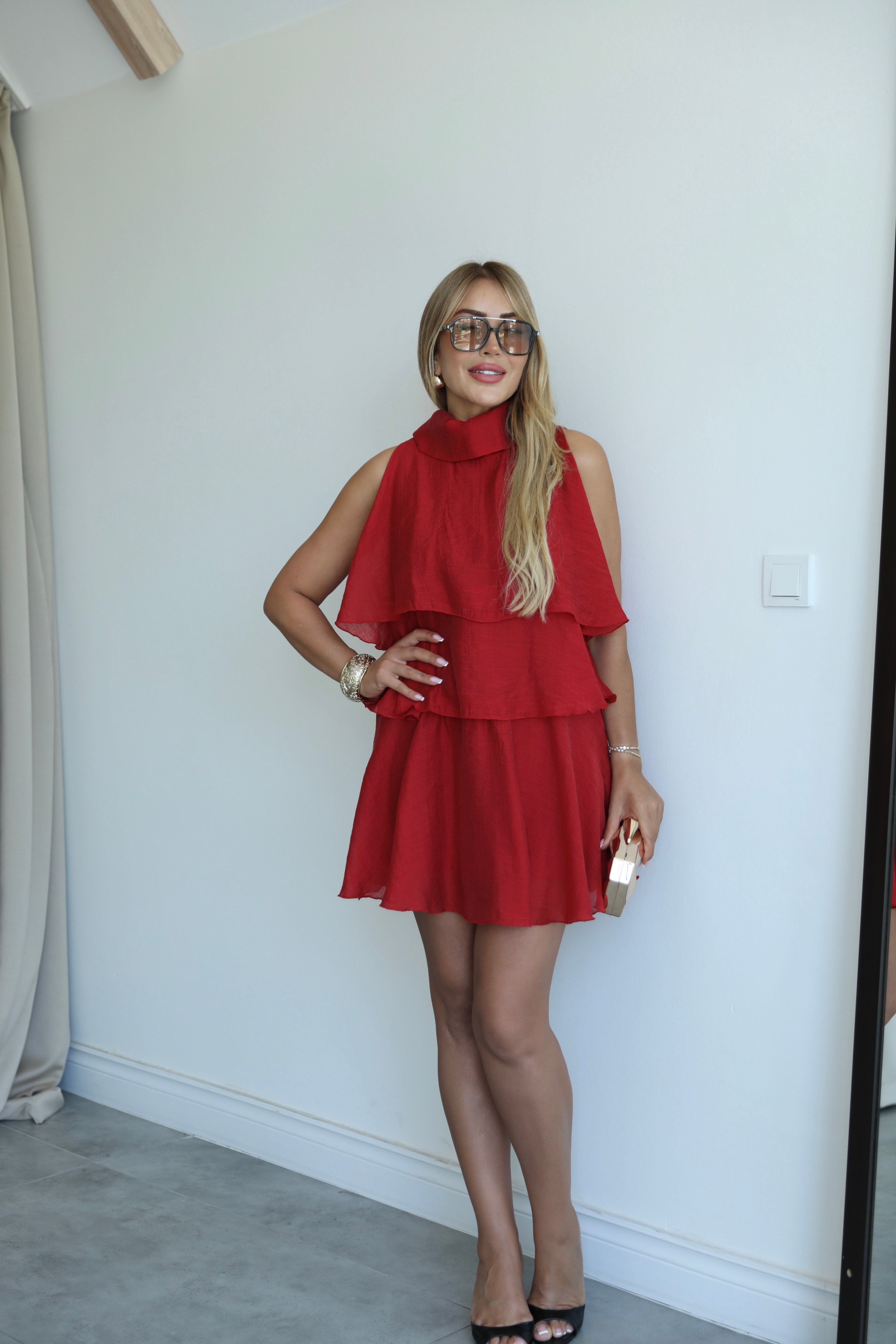 Koyu Kırmızı Katlı Mini Elbise 