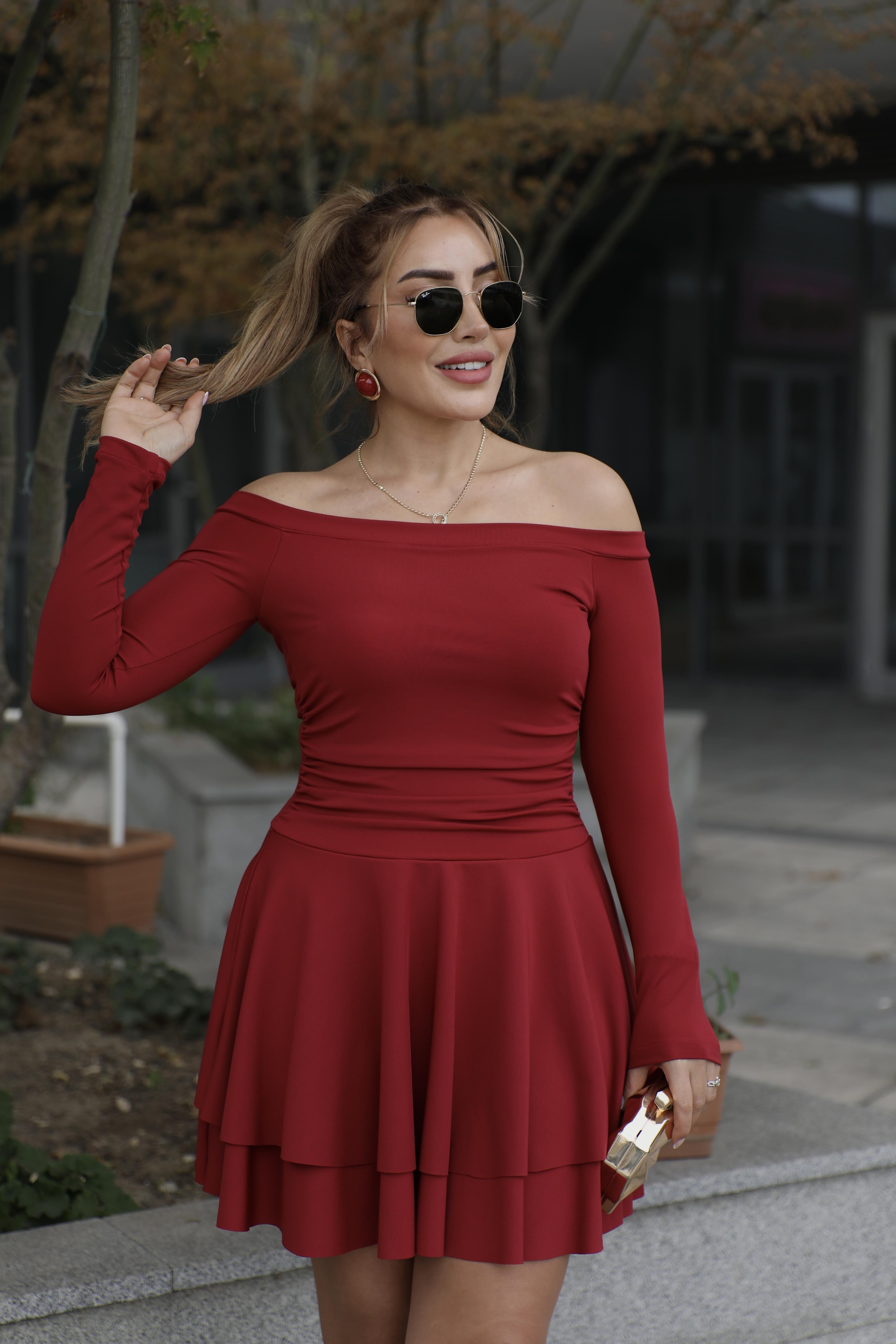 Koyu Kırmızı Madonna Katlı Elbise 