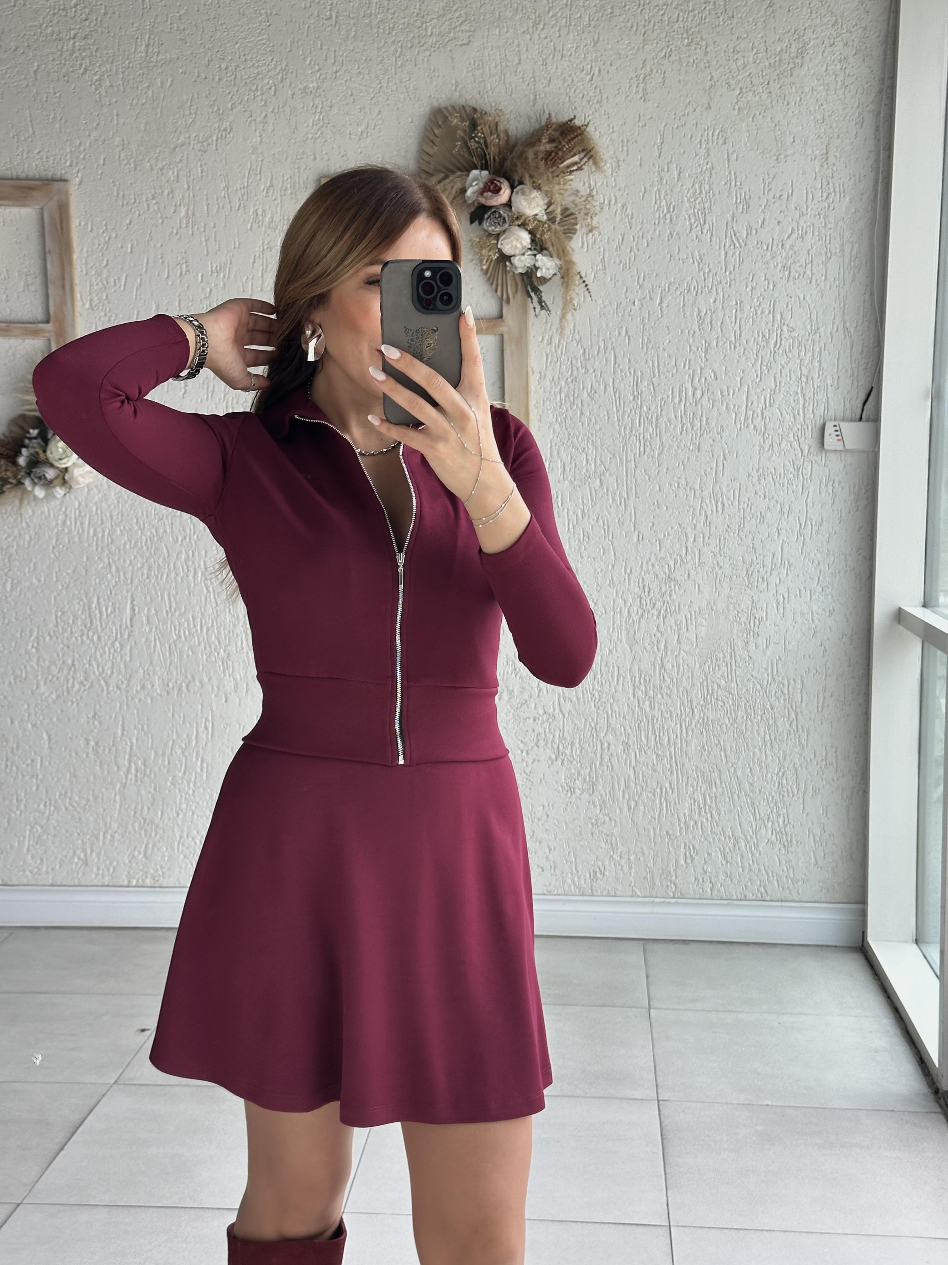 Koyu Mürdüm Fermuarlı Etek Hırka Takım