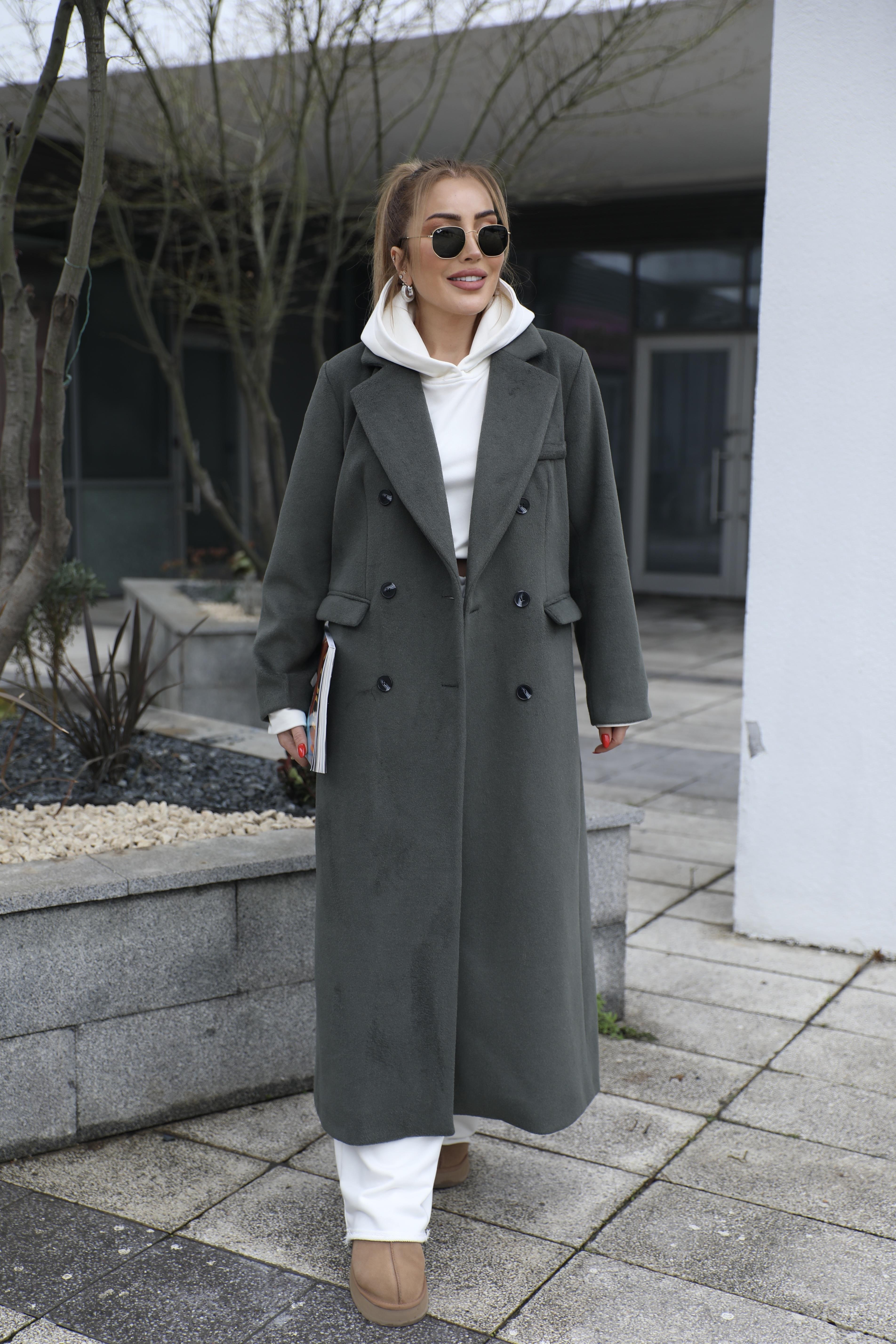 Koyu Yeşil Kaşe Uzun Kaban