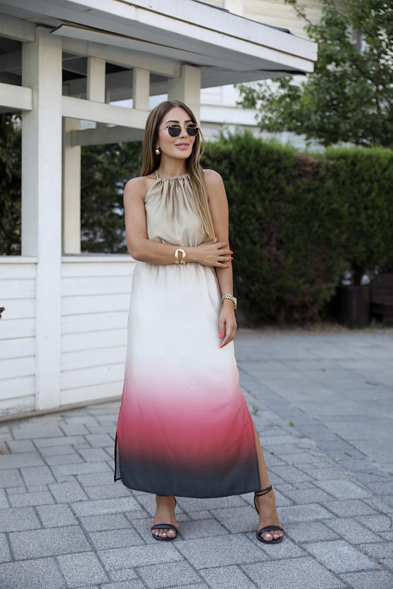 Krem Bordo Desenli Saten Halter Elbise