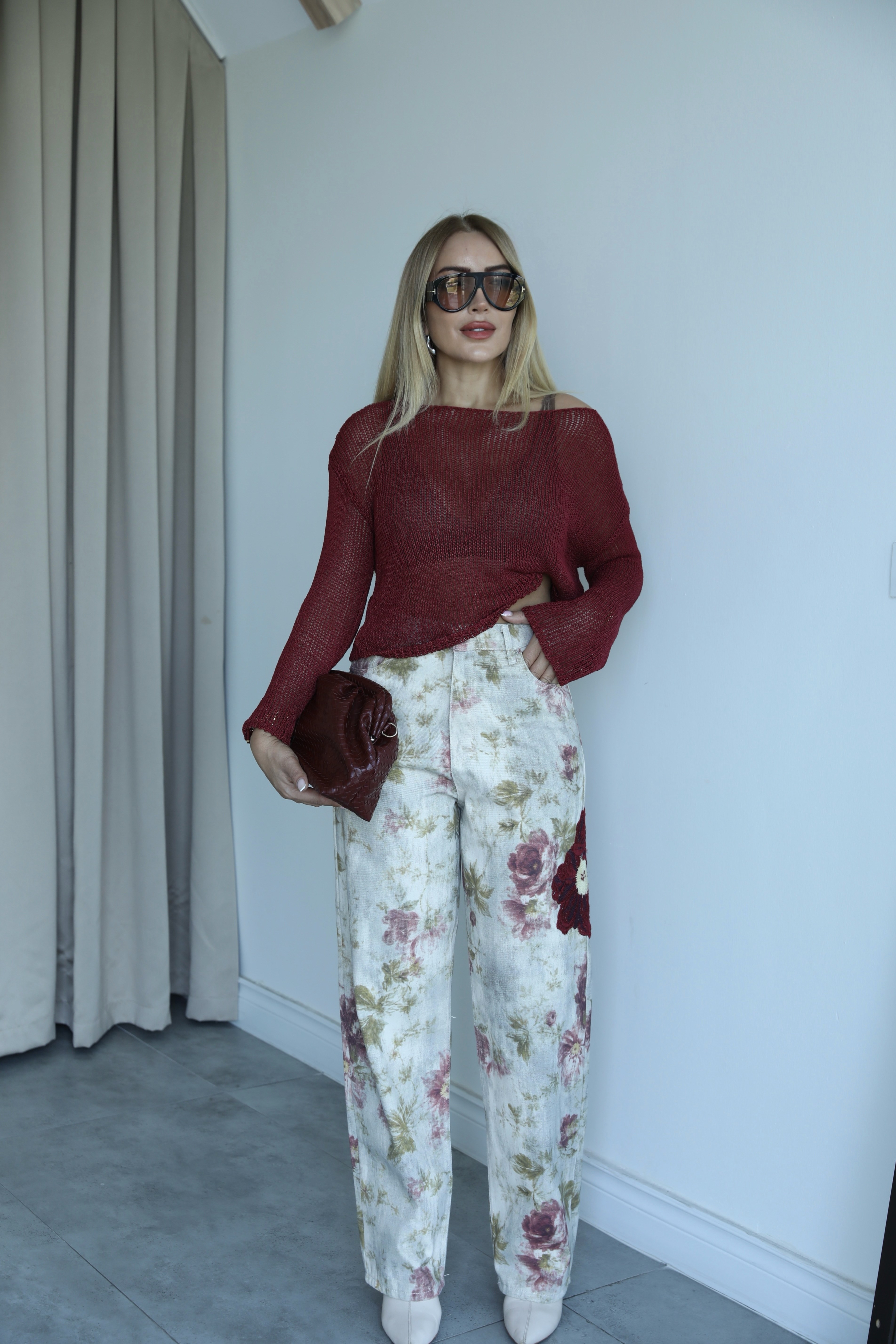 Krem Bordo Nakış Detay Tensel Pantolon 