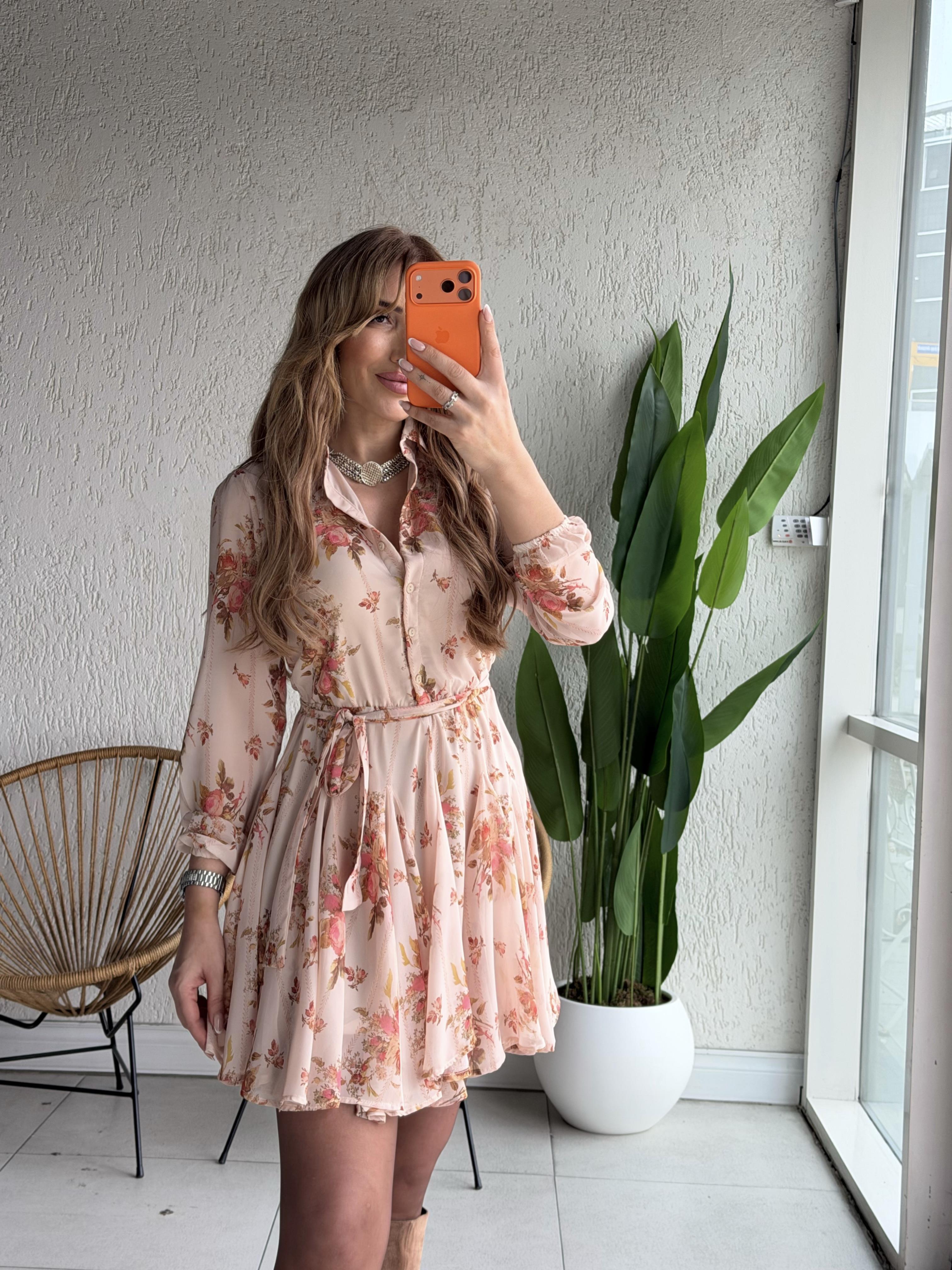 Krem Çiçek Desenli Şifon Gömlek Elbise