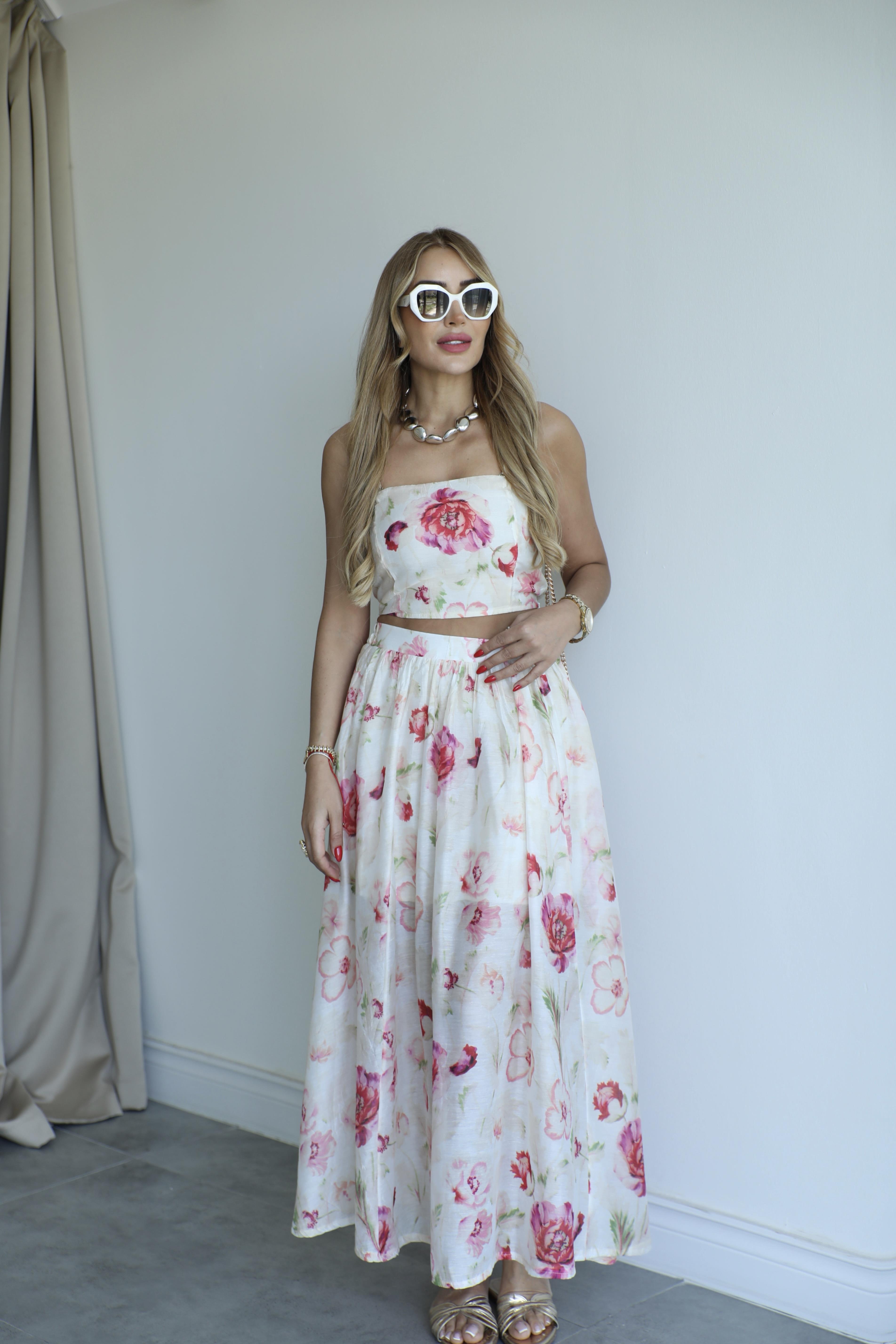 Krem Çiçekli Crop Etek Takım