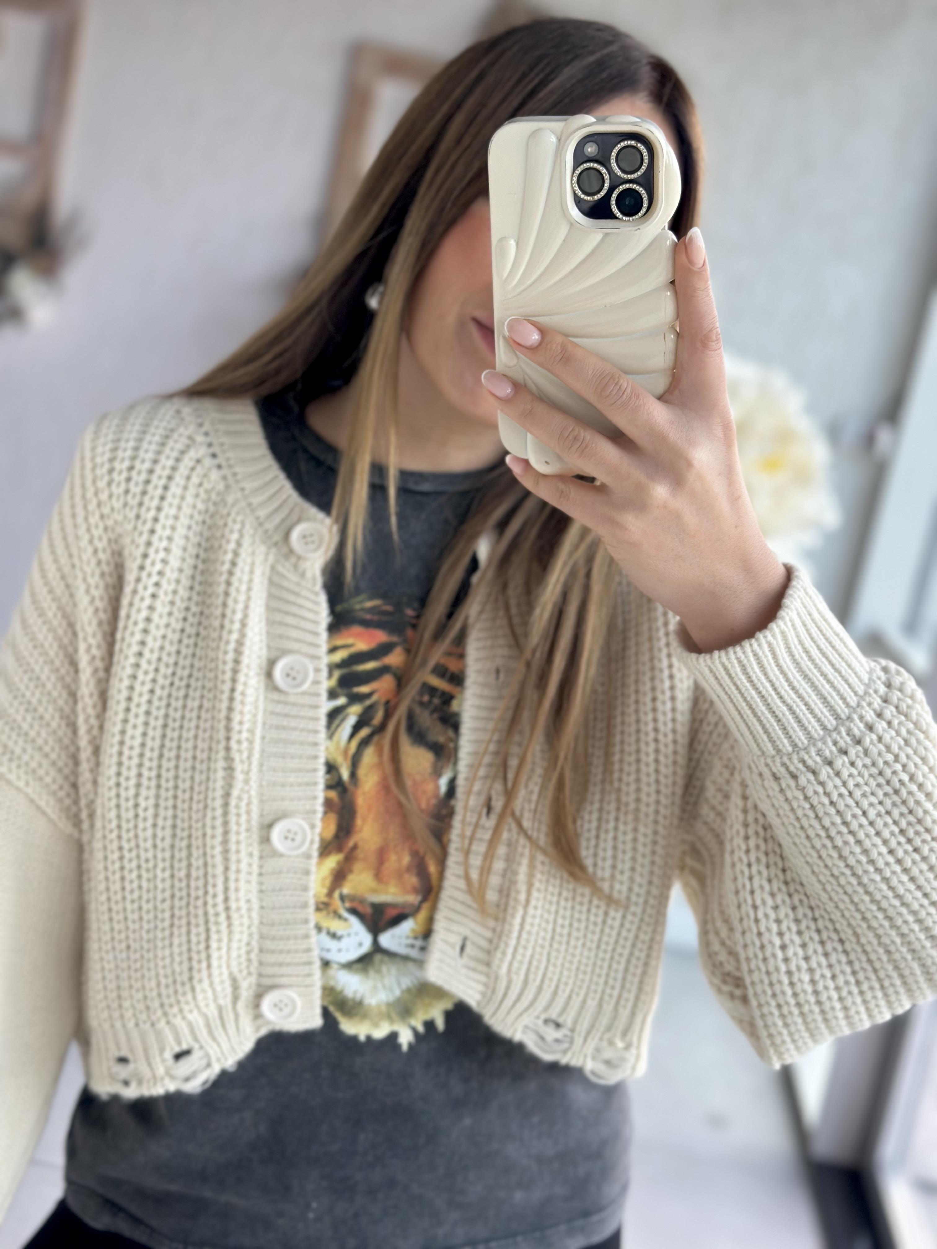 Krem Crop Hırka