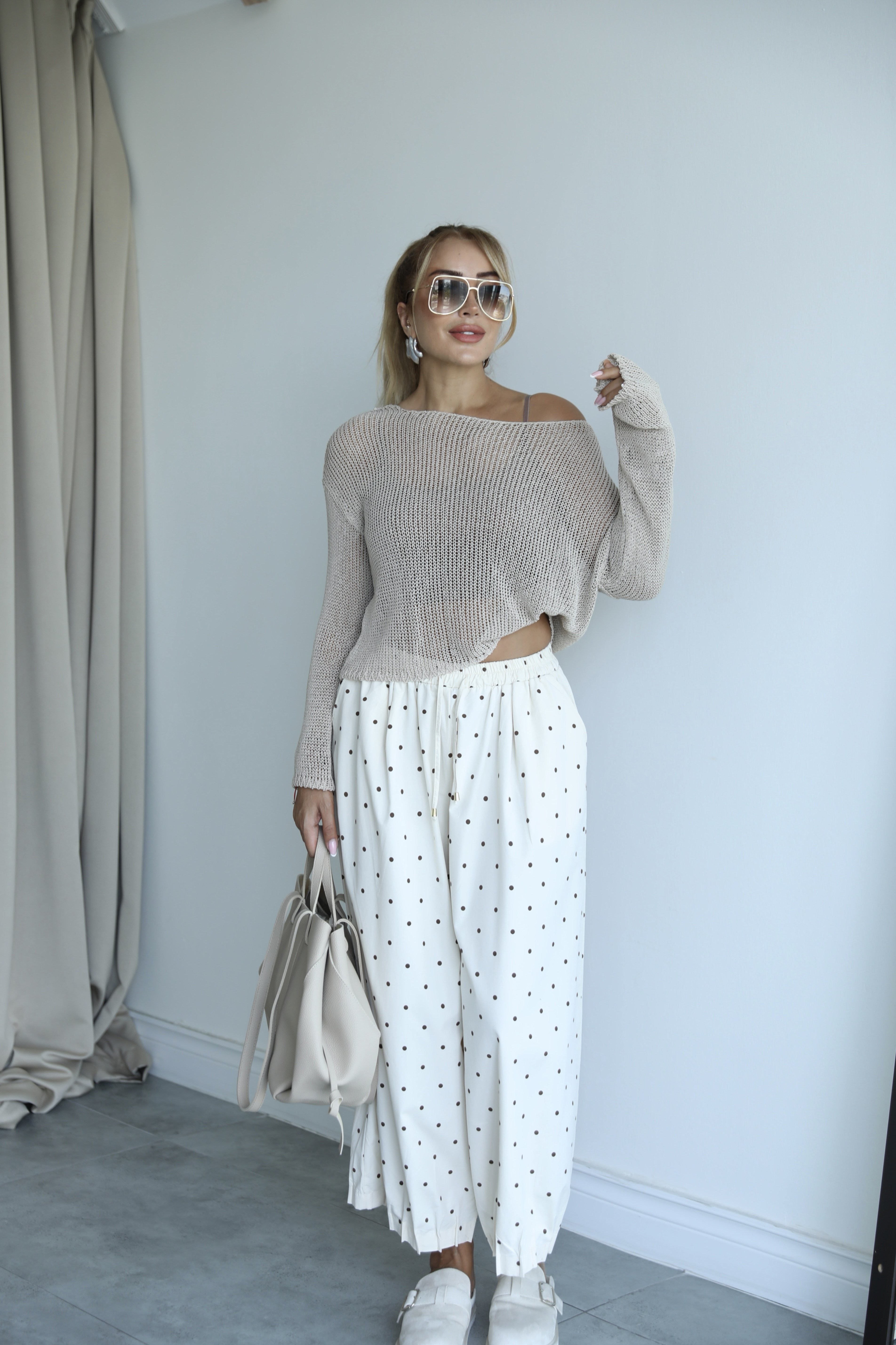 Krem Kahve Puantiyeli Poplin Baggy Pantolon 