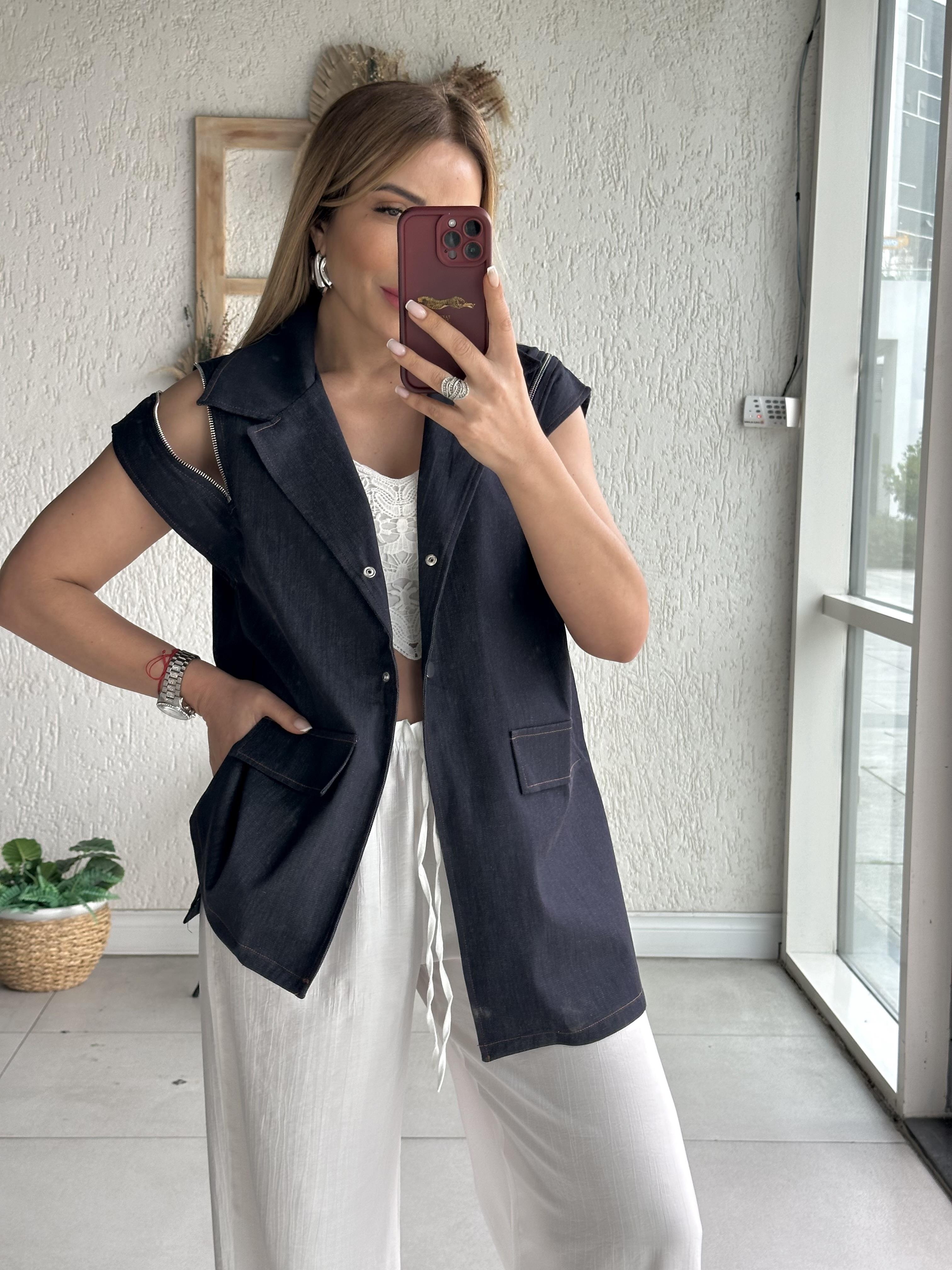 Lacivert Asimetrik Jean Yelek