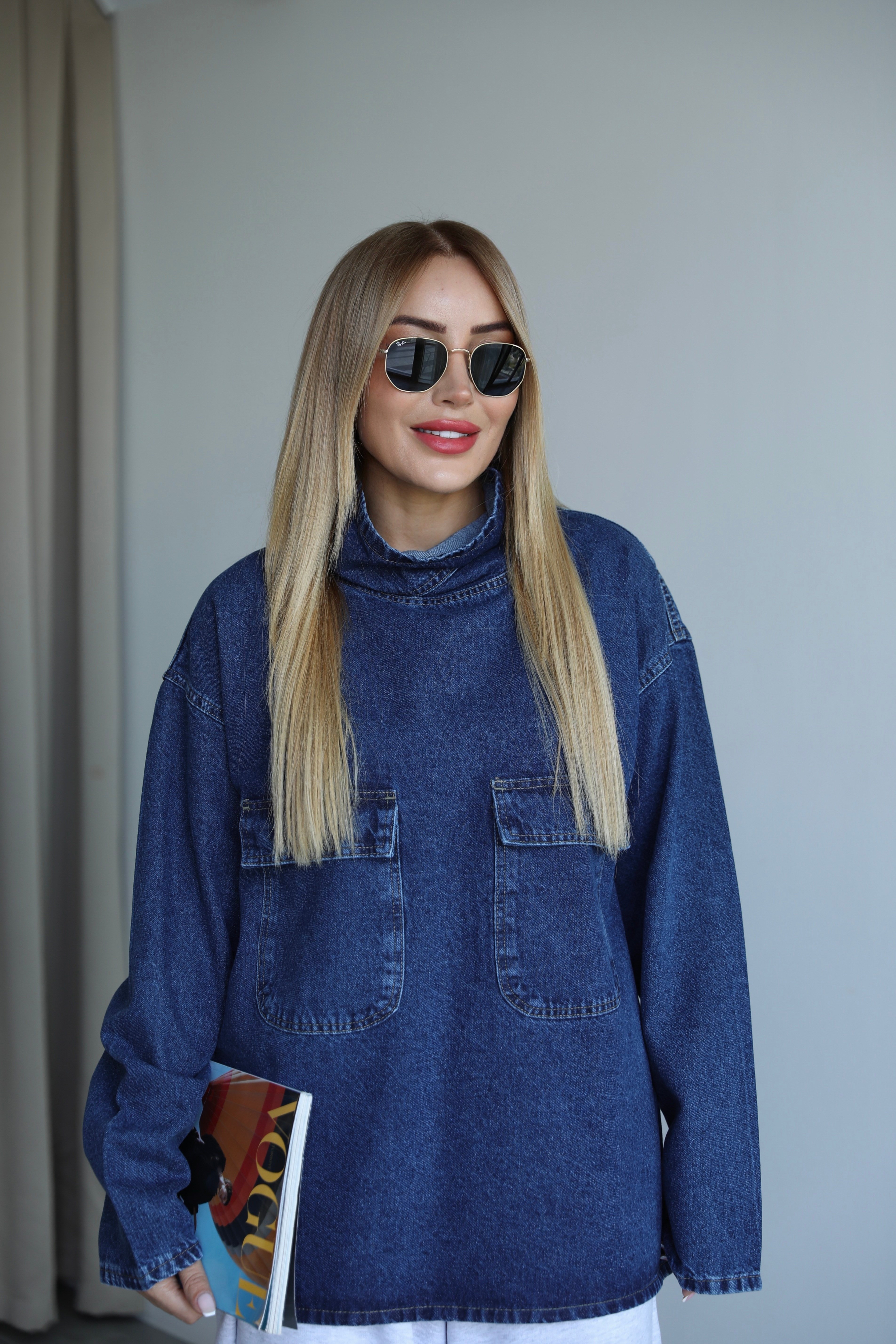 Lacivert Balıkçı Denim Cepli Sweat