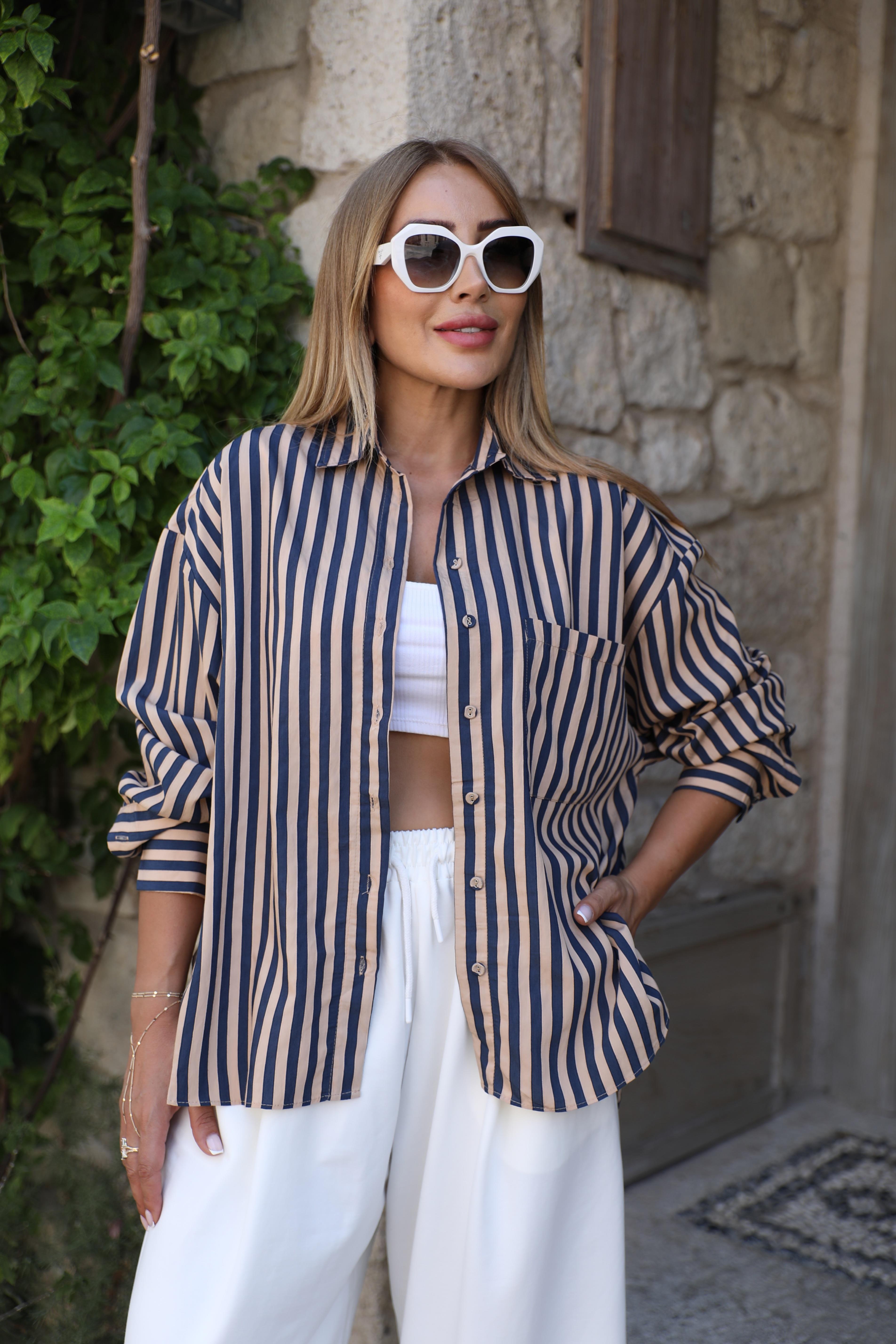 Lacivert Bej Çizgili Gömlek