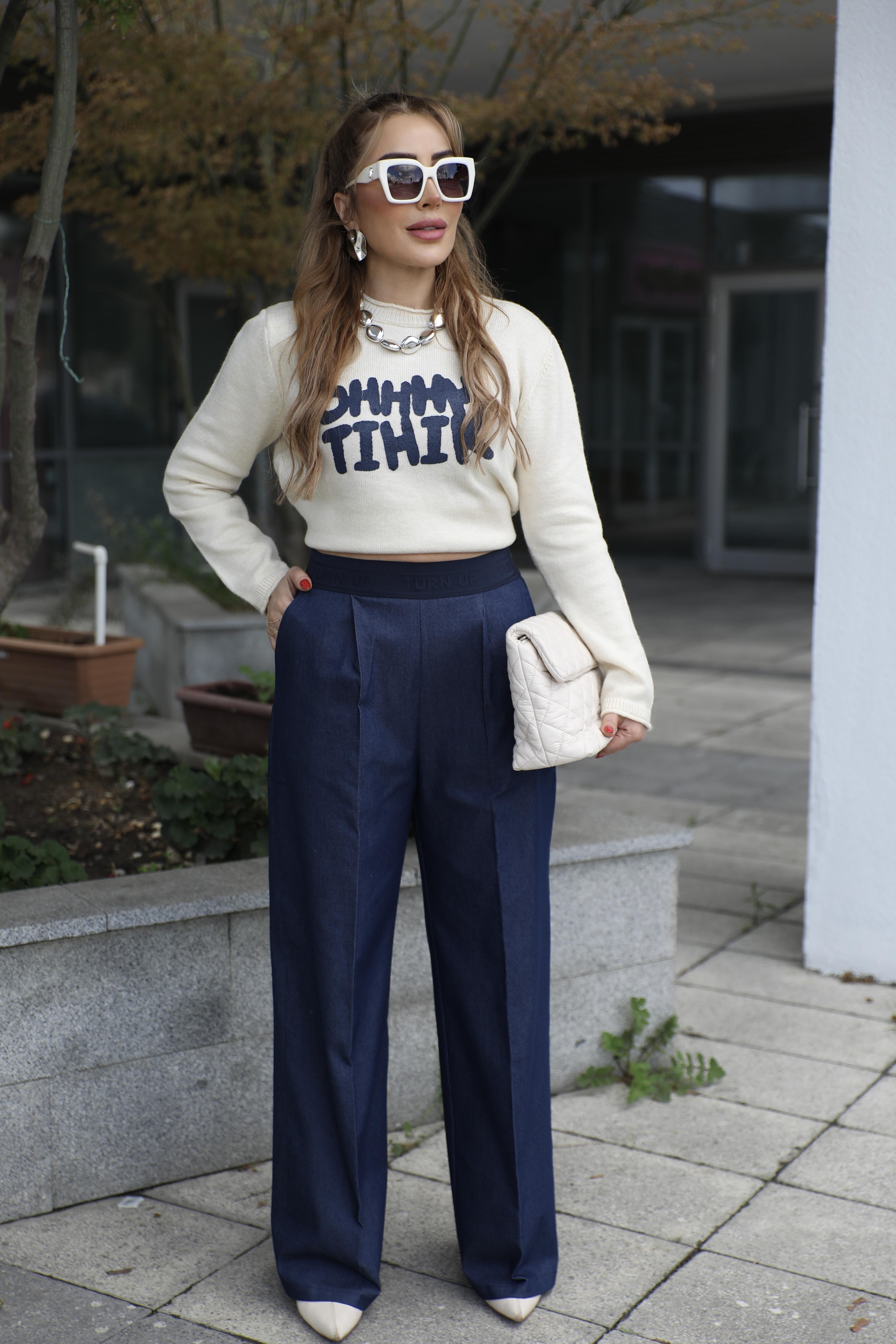 Lacivert Beli Lastikli Pileli Jean