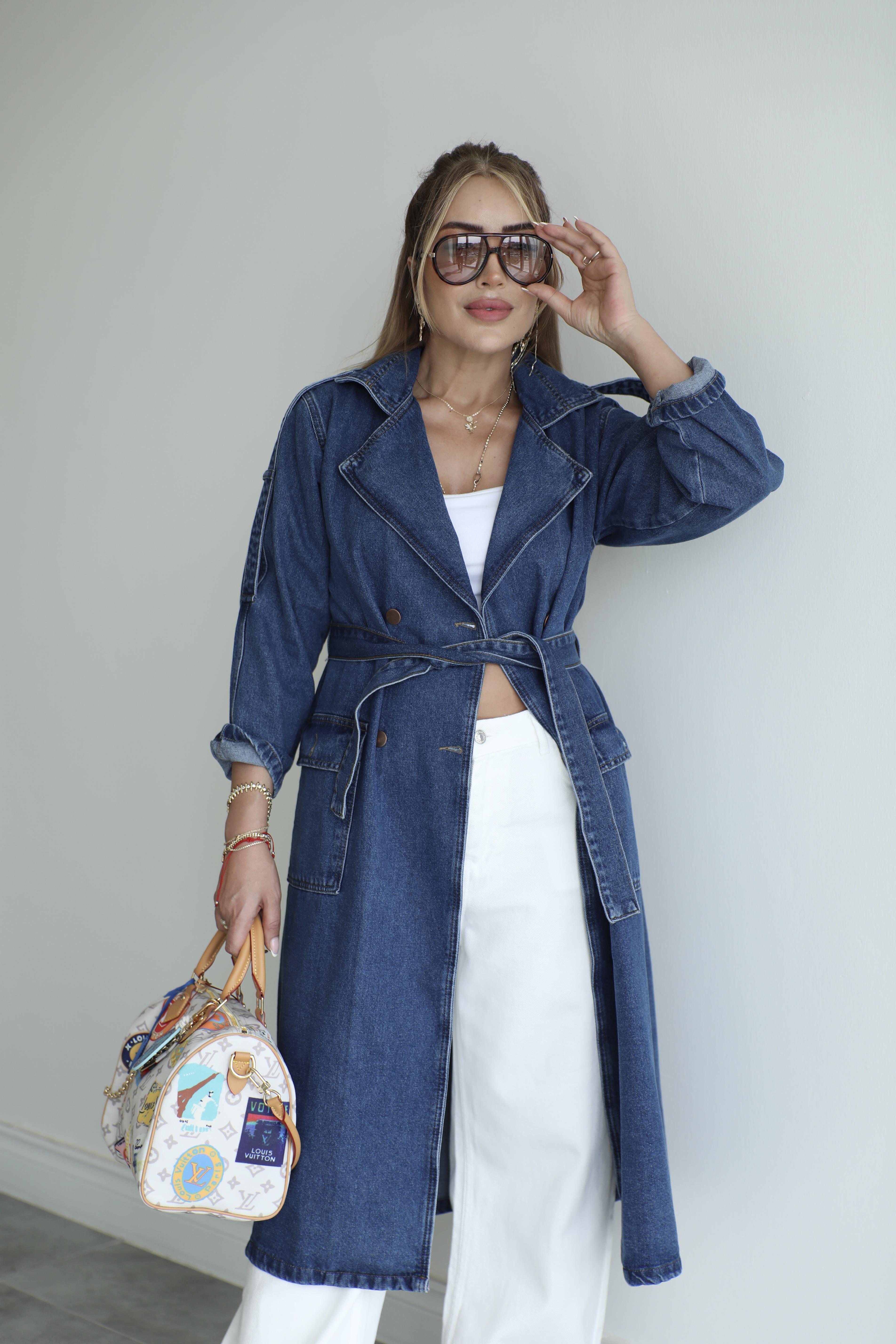 Lacivert Denim Kuşaklı Trençkot