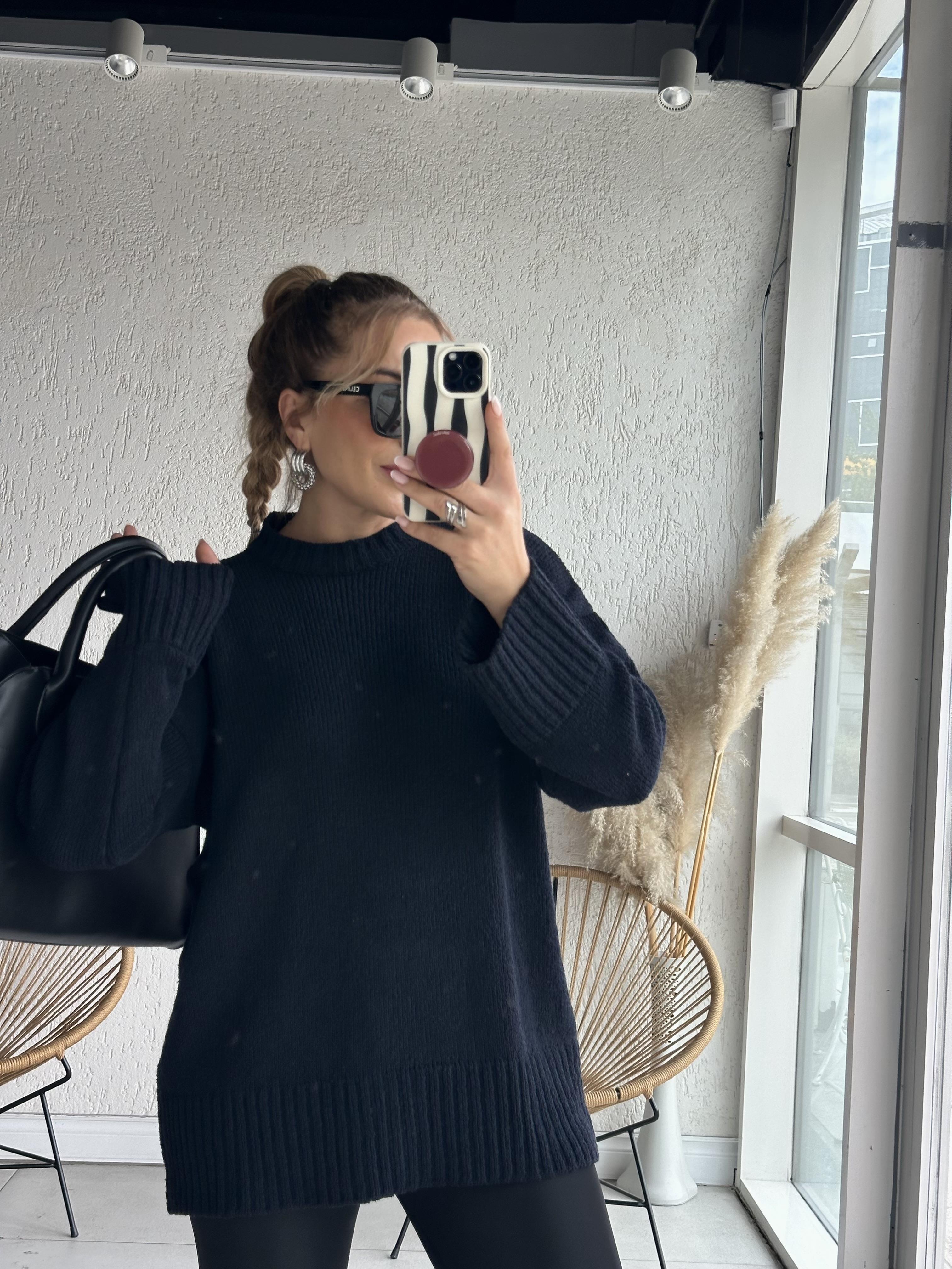 Lacivert Dokulu Yumoş Oversize Kazak