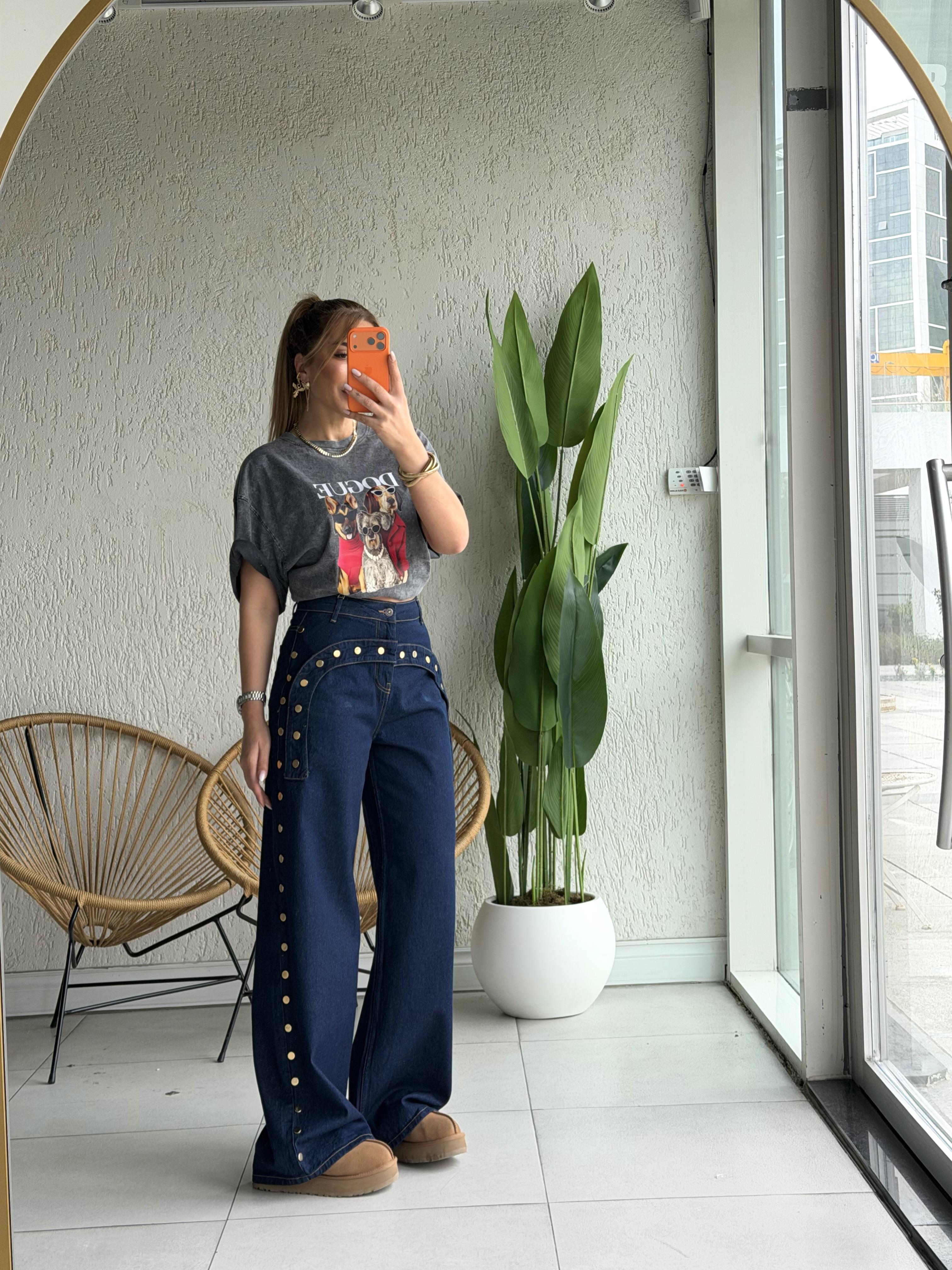 Lacivert Gold Detay Tasarım Jean