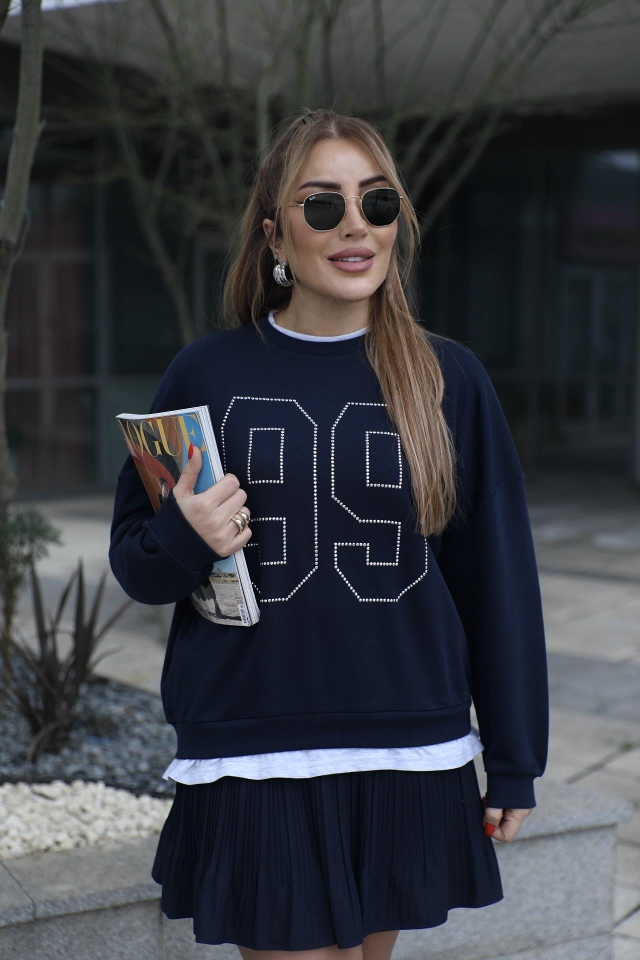 Lacivert Gri Basic Detaylı Sweat