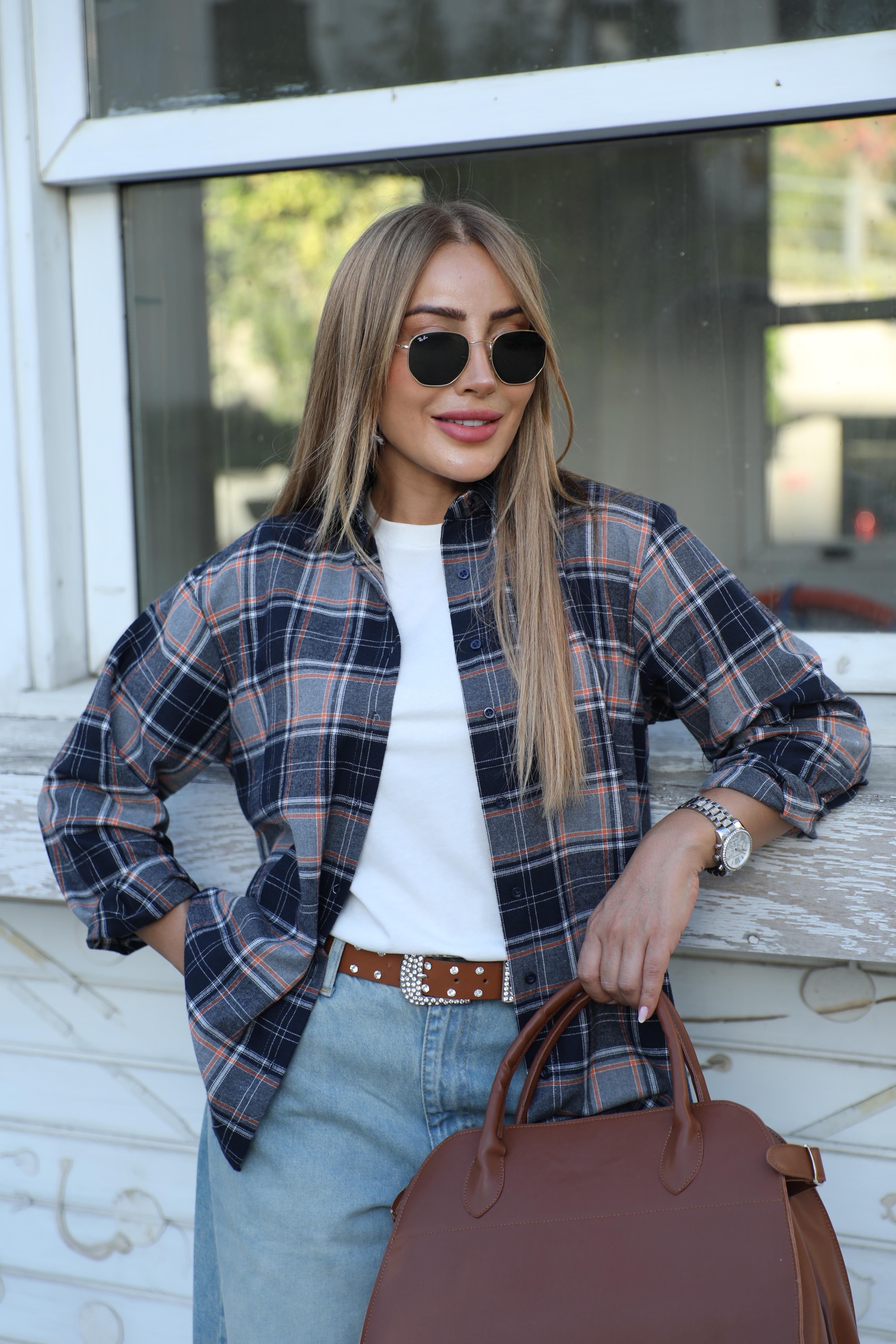 Lacivert Gri Ekose Gömlek